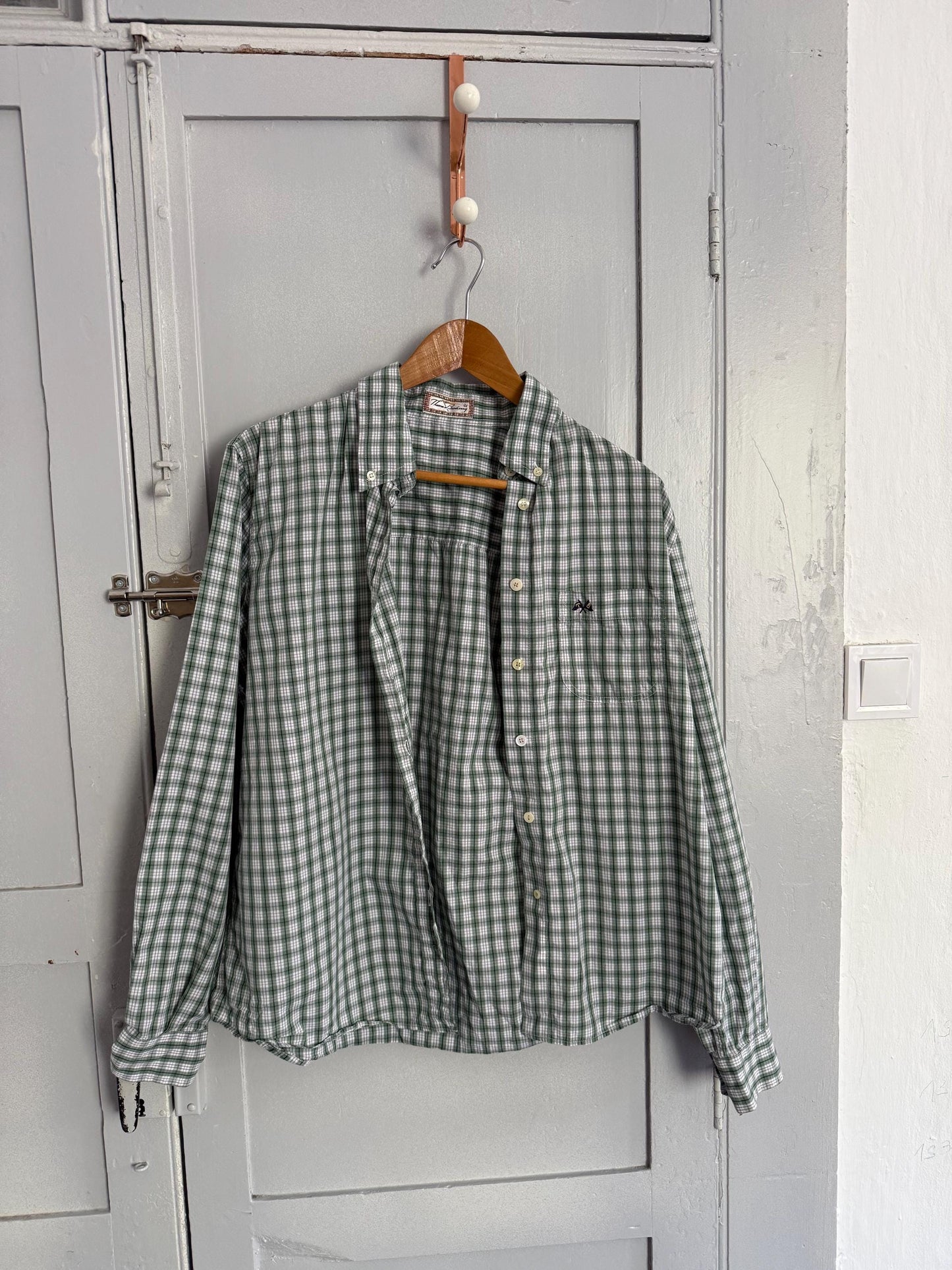 Vintage Thomas Burberry Check Shirt | Green & White 100% Cotton Button-Up | Size L - 44 |