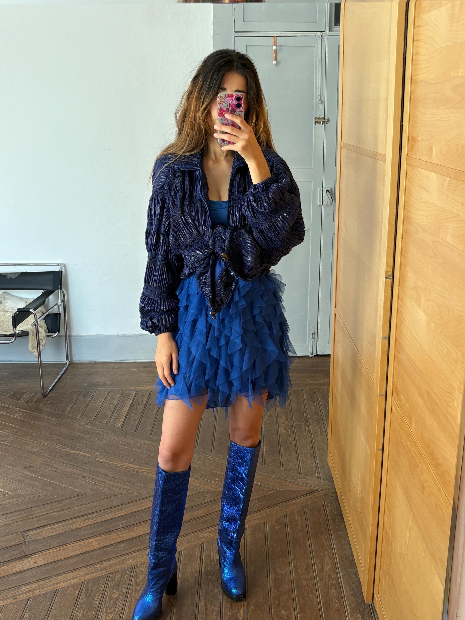 Vintage blue jacket aesthetic unique piece with padded shoulders statement piece in great condition