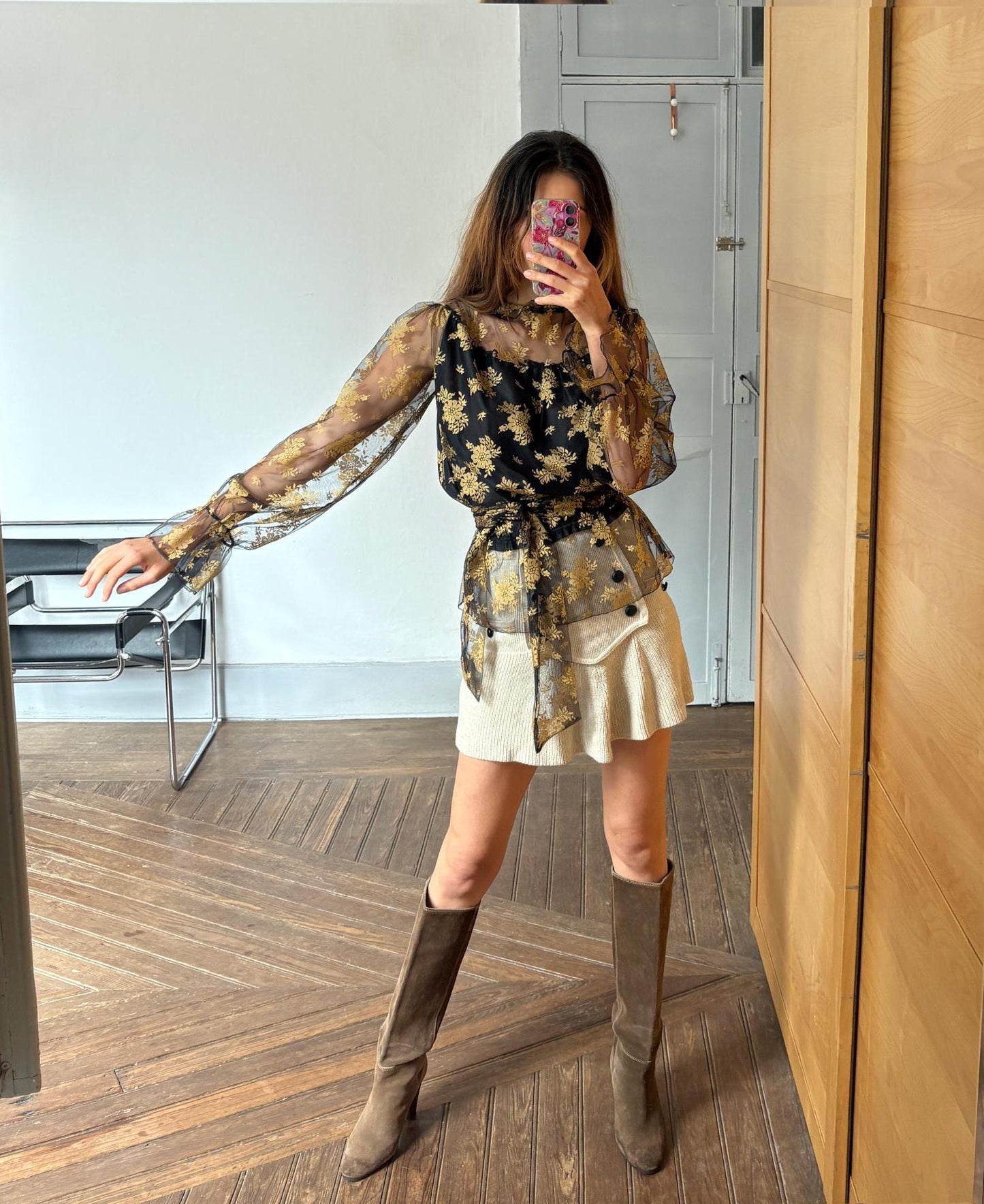 Vintage lace sheer top romantic gothic floral blouse with long scarf tie versatile styling option