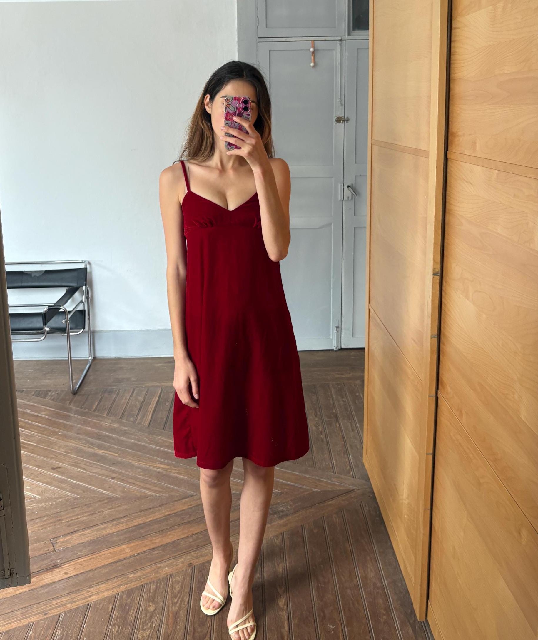 Vintage Red Velvet Slip Dress – Romantic & Sleek Minimalist sustainable fashion Staple, Size XS