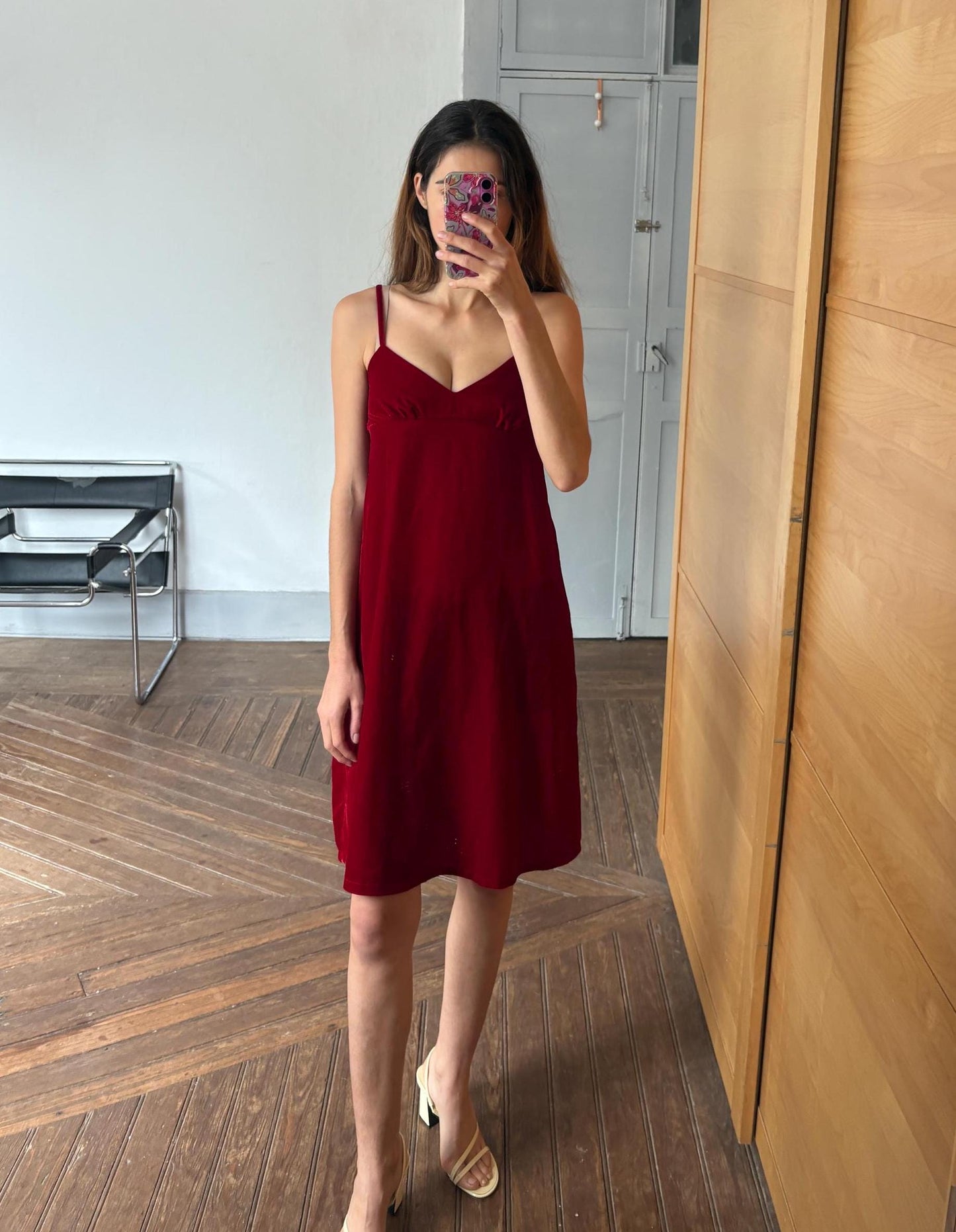Vintage Red Velvet Slip Dress – Romantic & Sleek Minimalist sustainable fashion Staple, Size XS