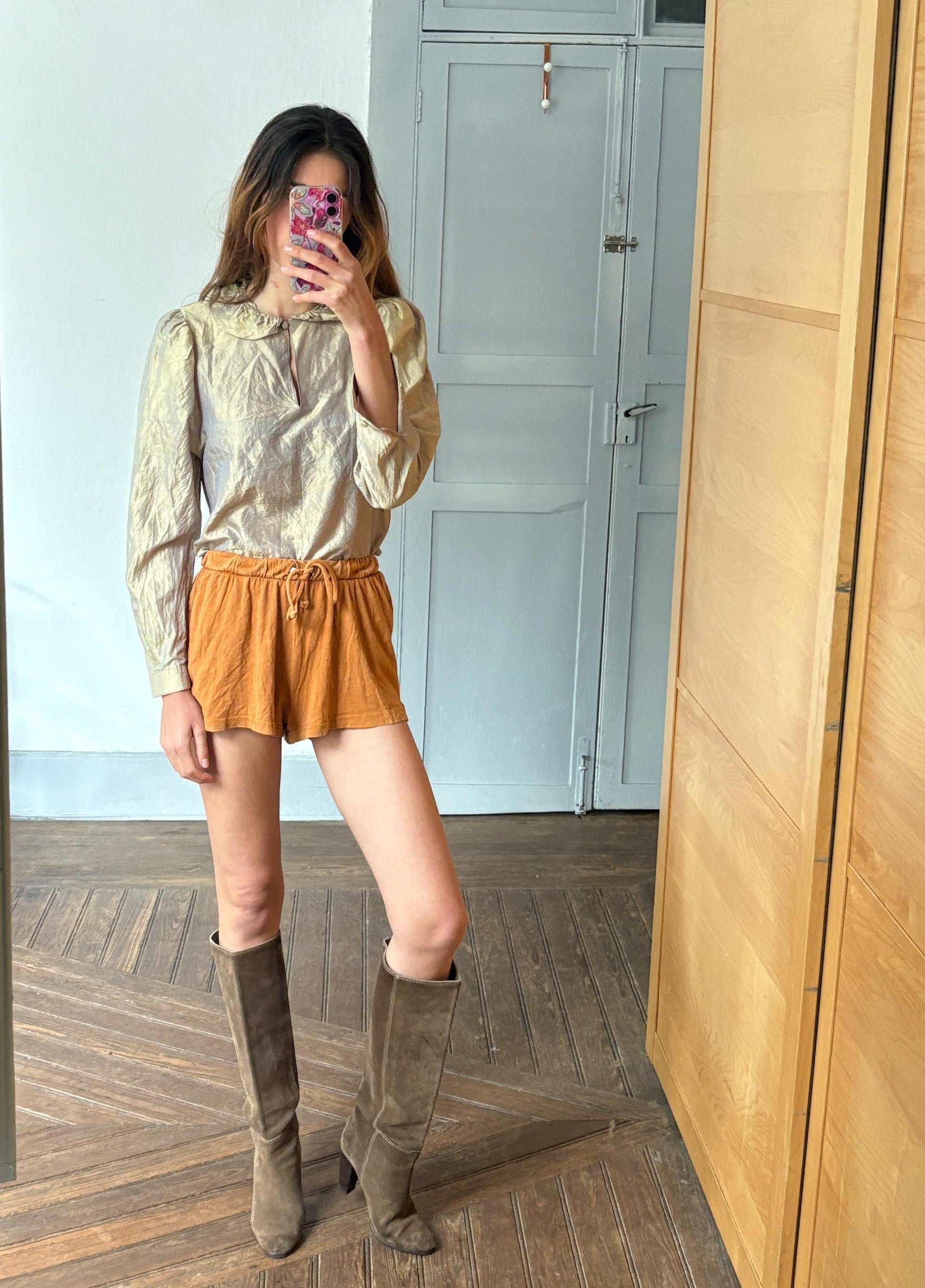 Cute mini shorts rust orange cotton drawstring waist great for summer lightweight breathable, Size XS - S