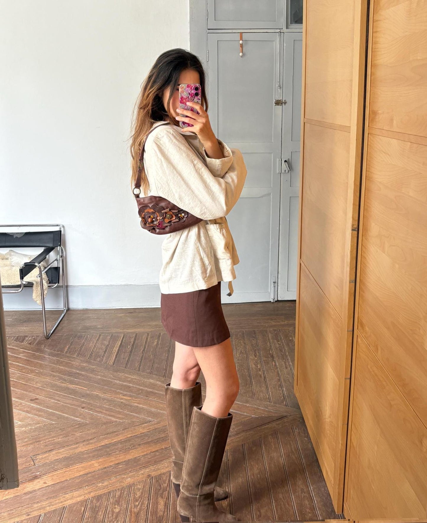 Vintage Massimo Dutti baguette bag, Genuine leather stylish woman purse, Cute tiny shoulder bag with flowers and beads