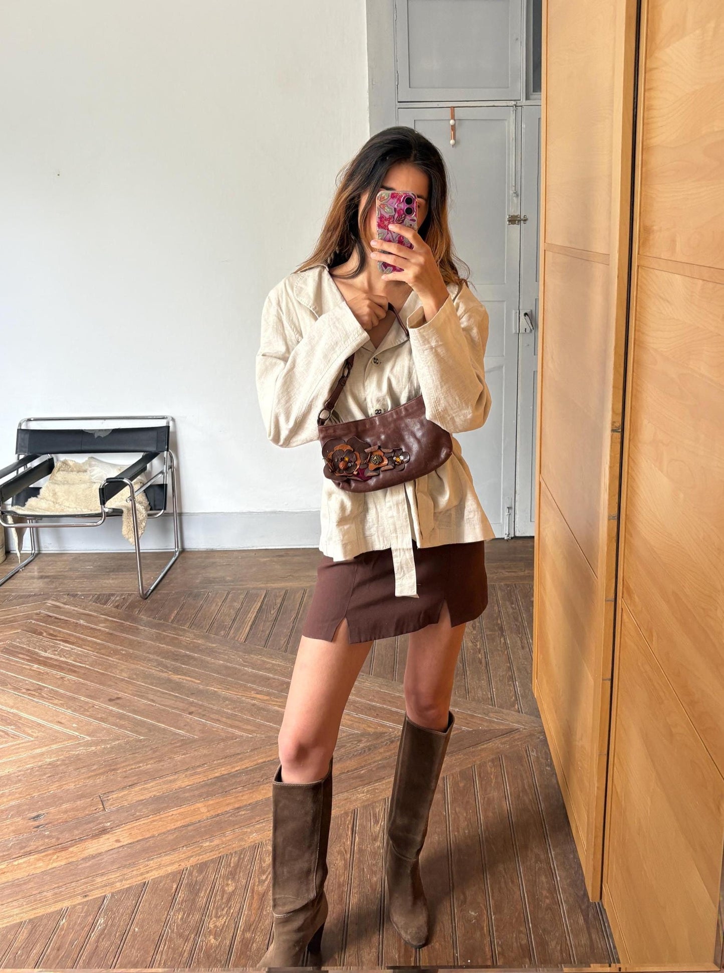 Vintage Massimo Dutti baguette bag, Genuine leather stylish woman purse, Cute tiny shoulder bag with flowers and beads