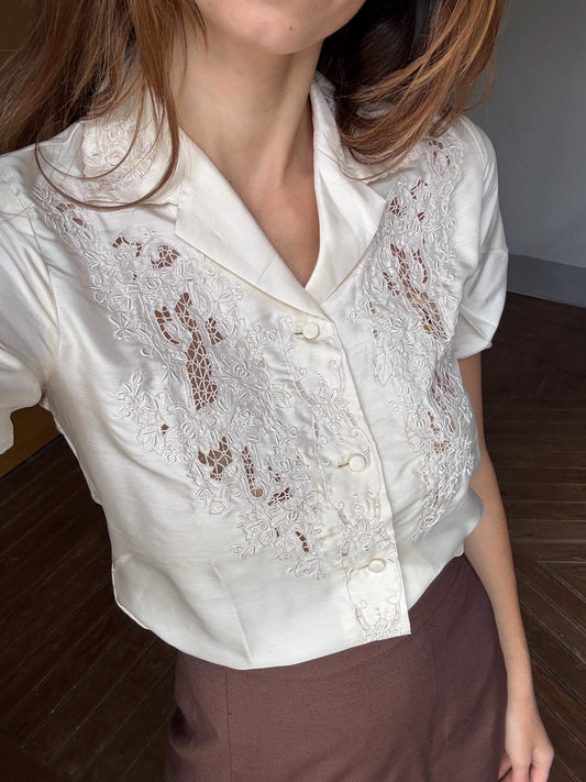 Hand embroidered silk women's blouse, Feminine button down, Organic draping wear, Floral embroidered romantic top, Cottage core shirt