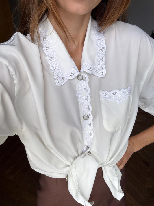 Vintage cottage core woman button up shirt lace collar 80s style blouse romantic embroidered pocket , Size: M (EU 38-40 / US 8-10)