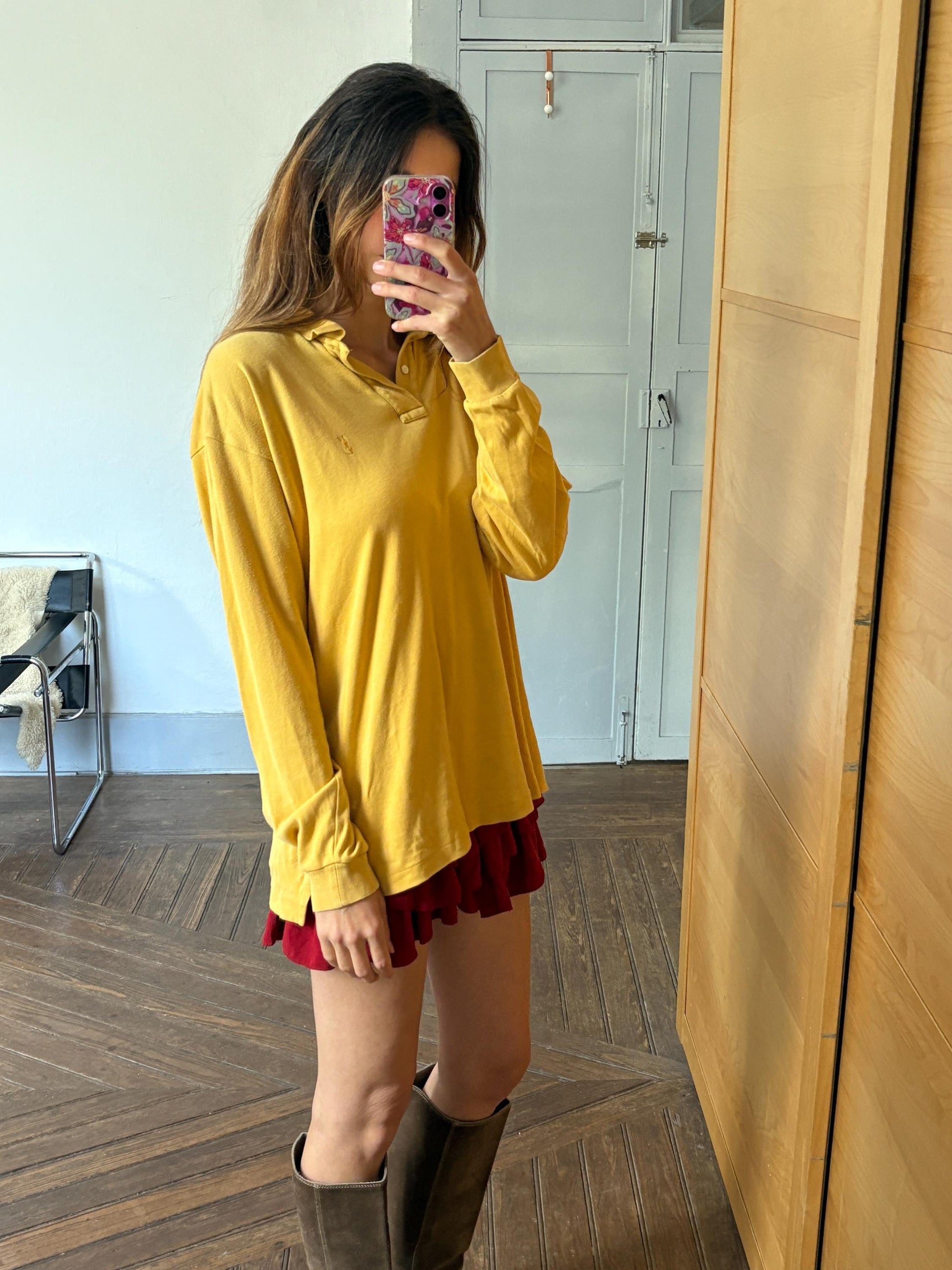 vintage Yves Saint Laurent long sleeve polo shirt, Diffusion Hommes 100% cotton YSL top, mustard yellow size L