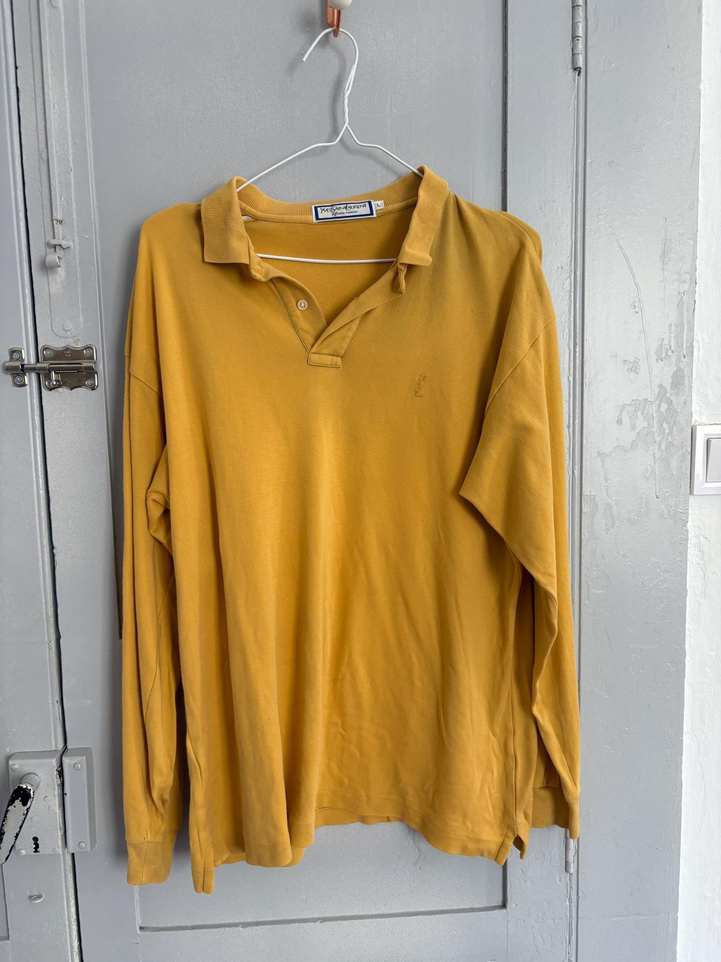 vintage Yves Saint Laurent long sleeve polo shirt, Diffusion Hommes 100% cotton YSL top, mustard yellow size L
