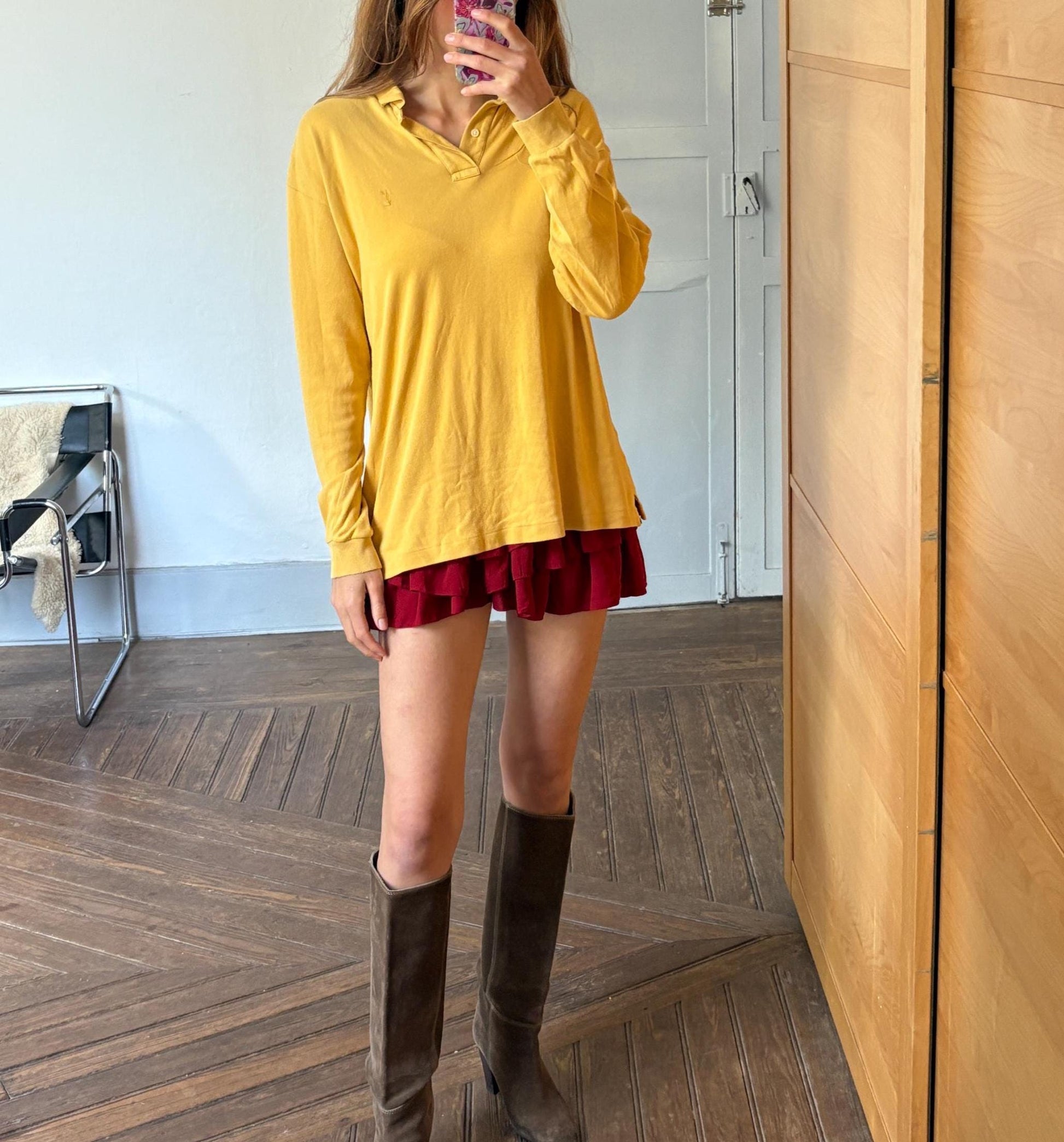 vintage Yves Saint Laurent long sleeve polo shirt, Diffusion Hommes 100% cotton YSL top, mustard yellow size L