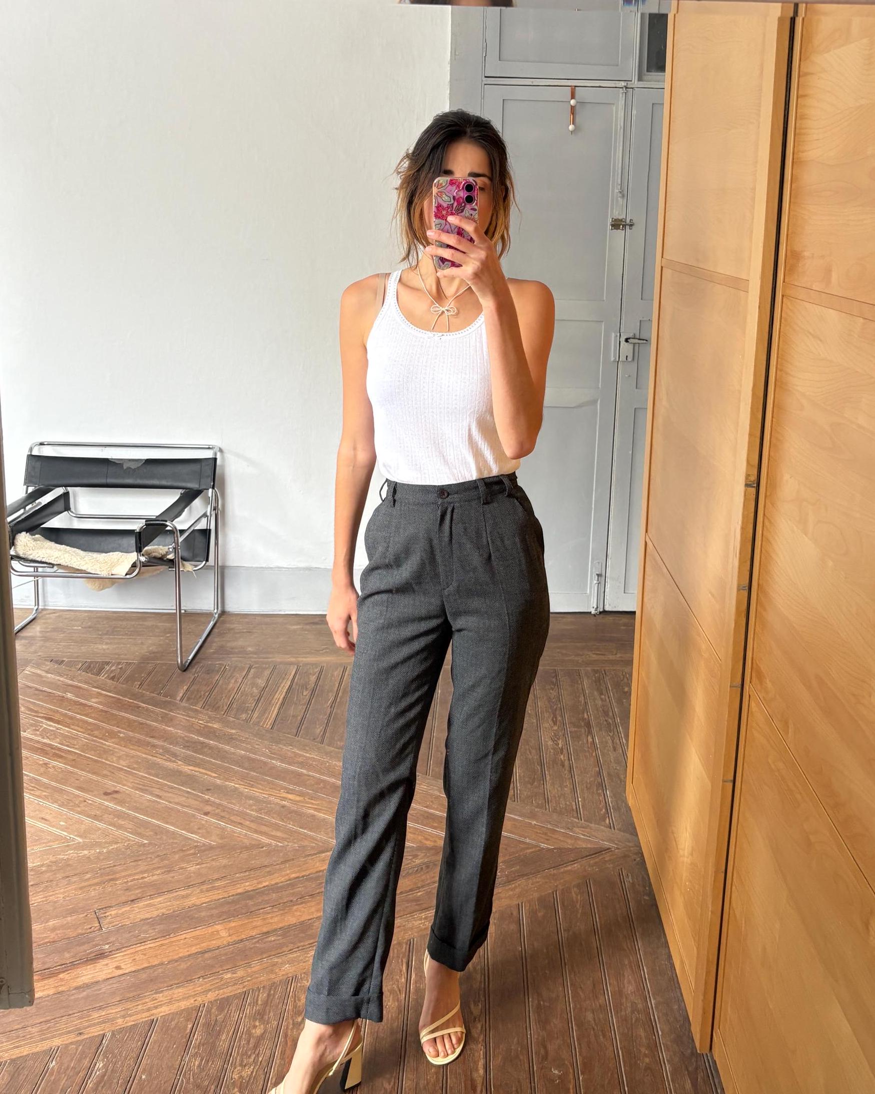Vintage wool blend trousers DRACH for El Corte Inglés dark academia aesthetic long pants in grey herringbone textured weave