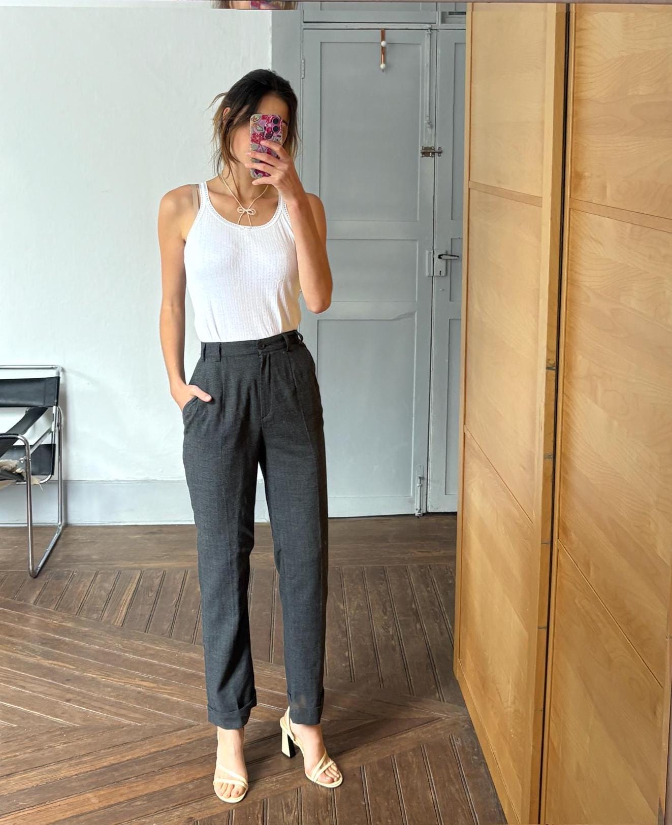 Vintage wool blend trousers DRACH for El Corte Inglés dark academia aesthetic long pants in grey herringbone textured weave