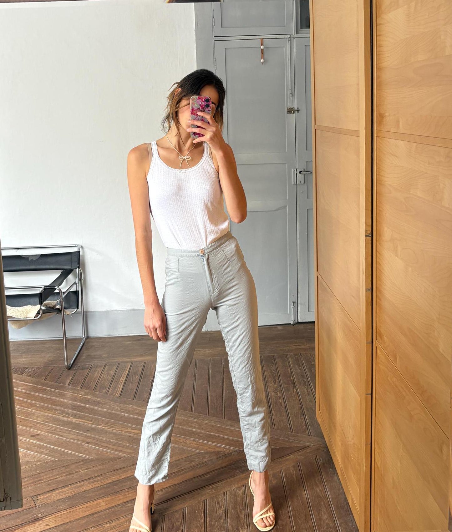 Vintage light blue wool blend look trousers minimal scandi style soft tailored aesthetic slim fit pants