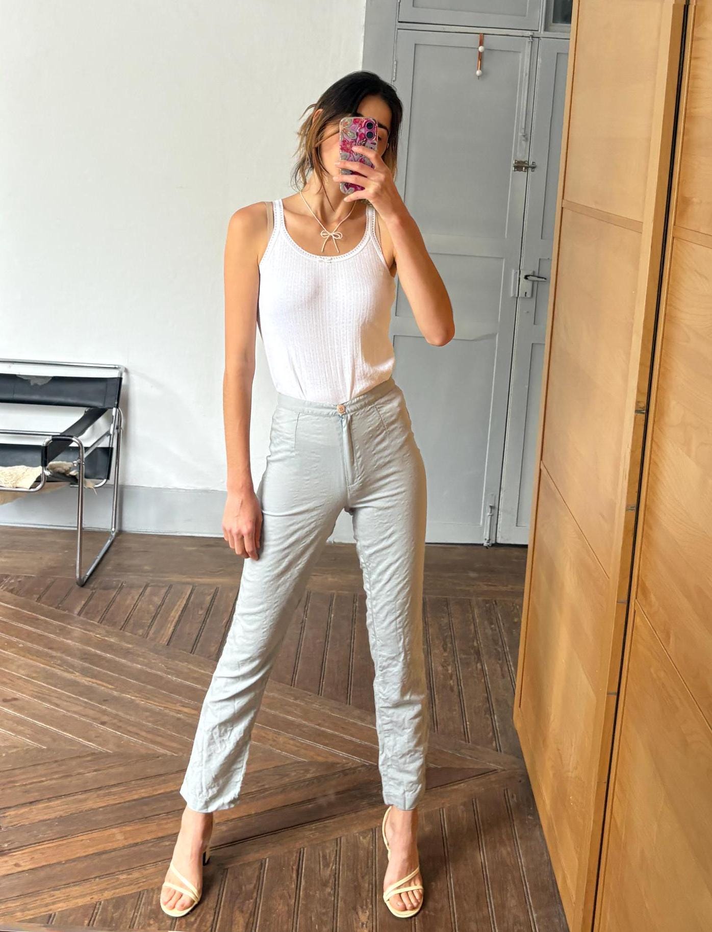 Vintage light blue wool blend look trousers minimal scandi style soft tailored aesthetic slim fit pants