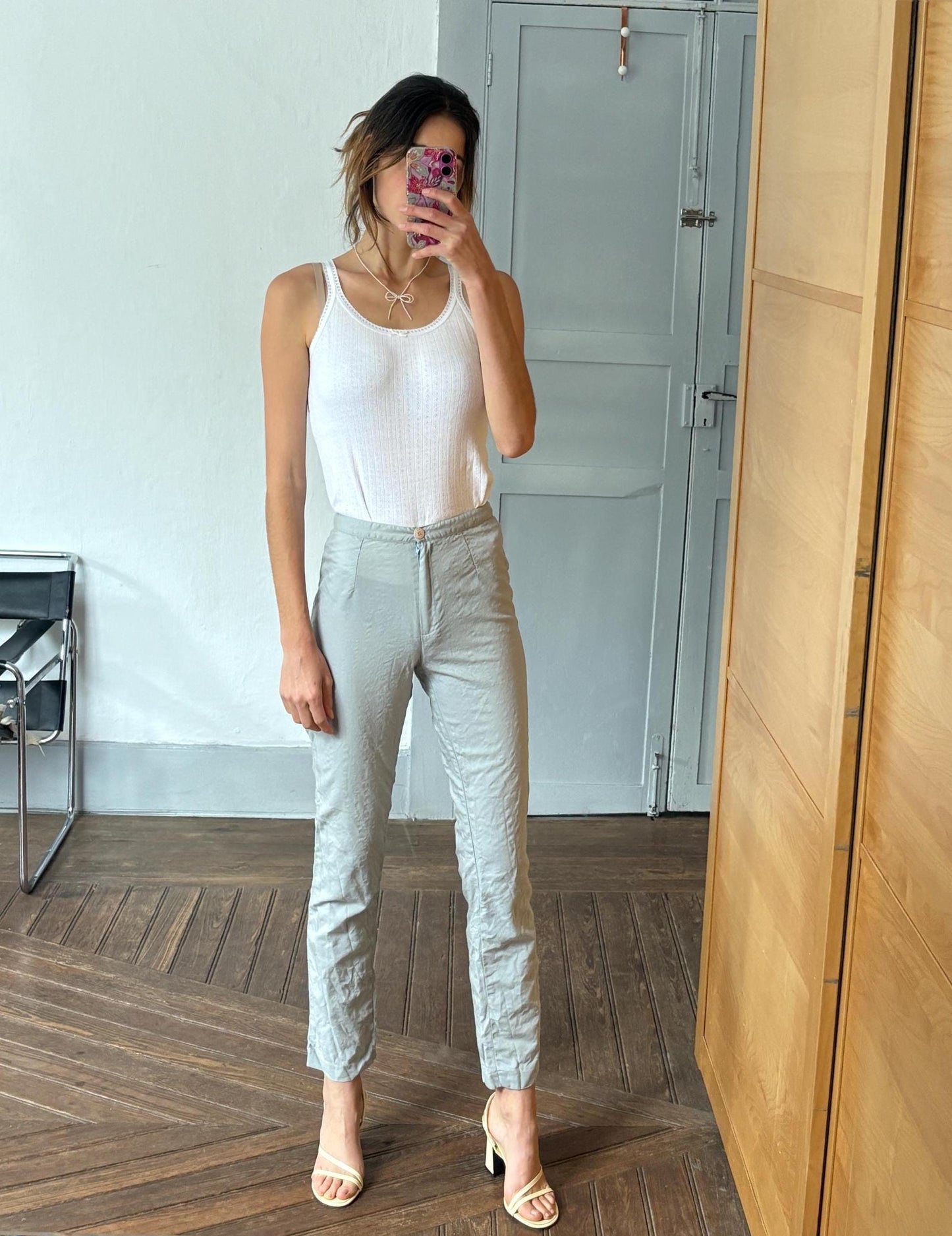 Vintage light blue wool blend look trousers minimal scandi style soft tailored aesthetic slim fit pants