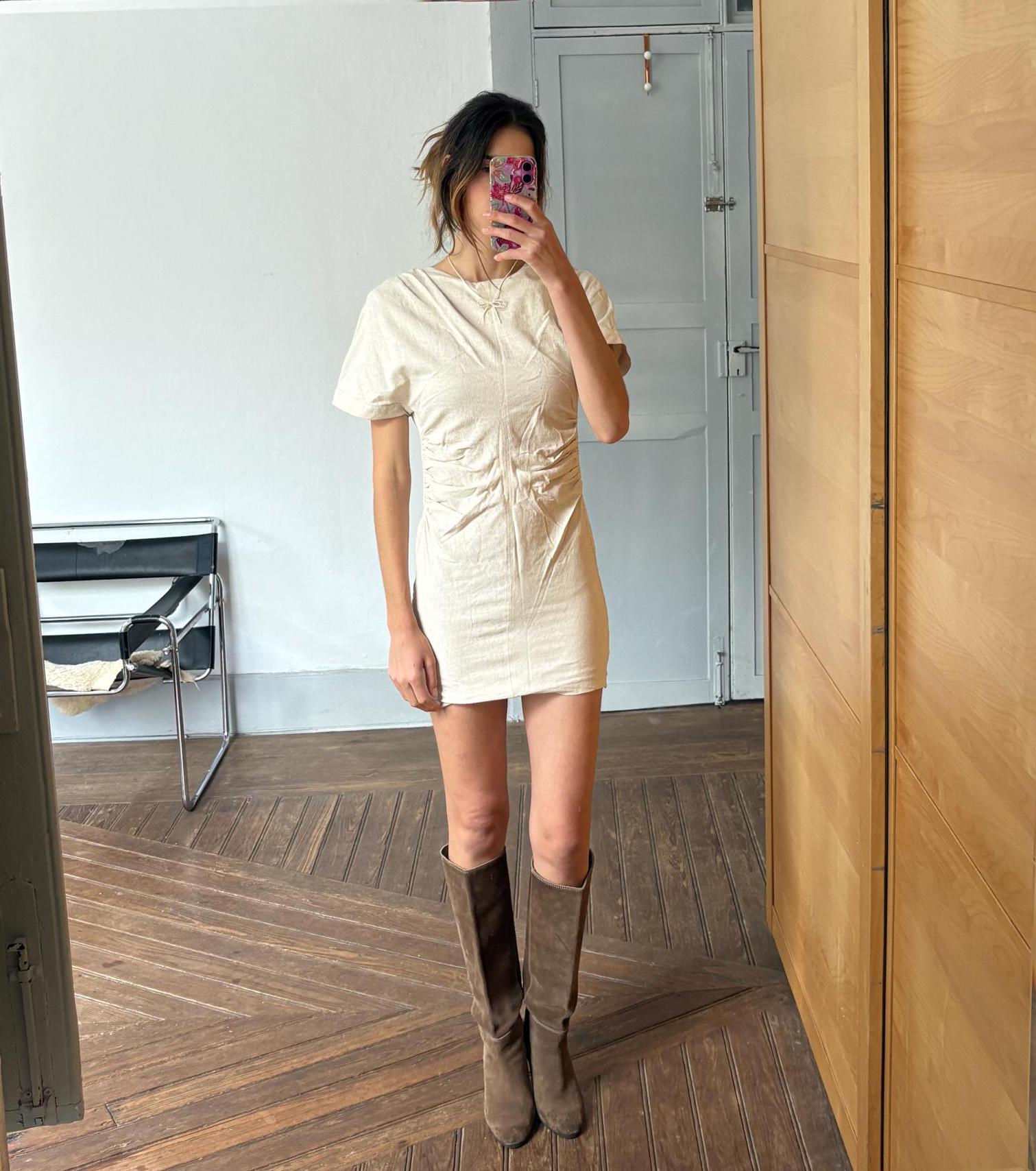 Modern mini dress with open back twisted rope detail earthy neutral summer look, Size S