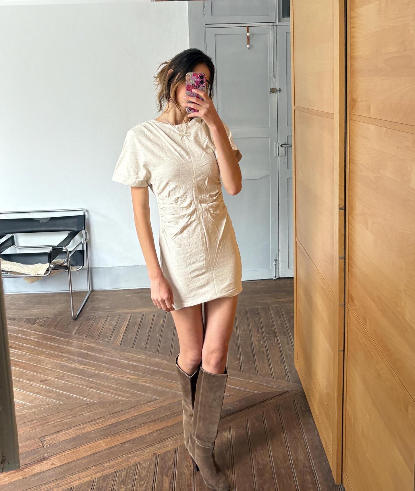 Modern mini dress with open back twisted rope detail earthy neutral summer look, Size S