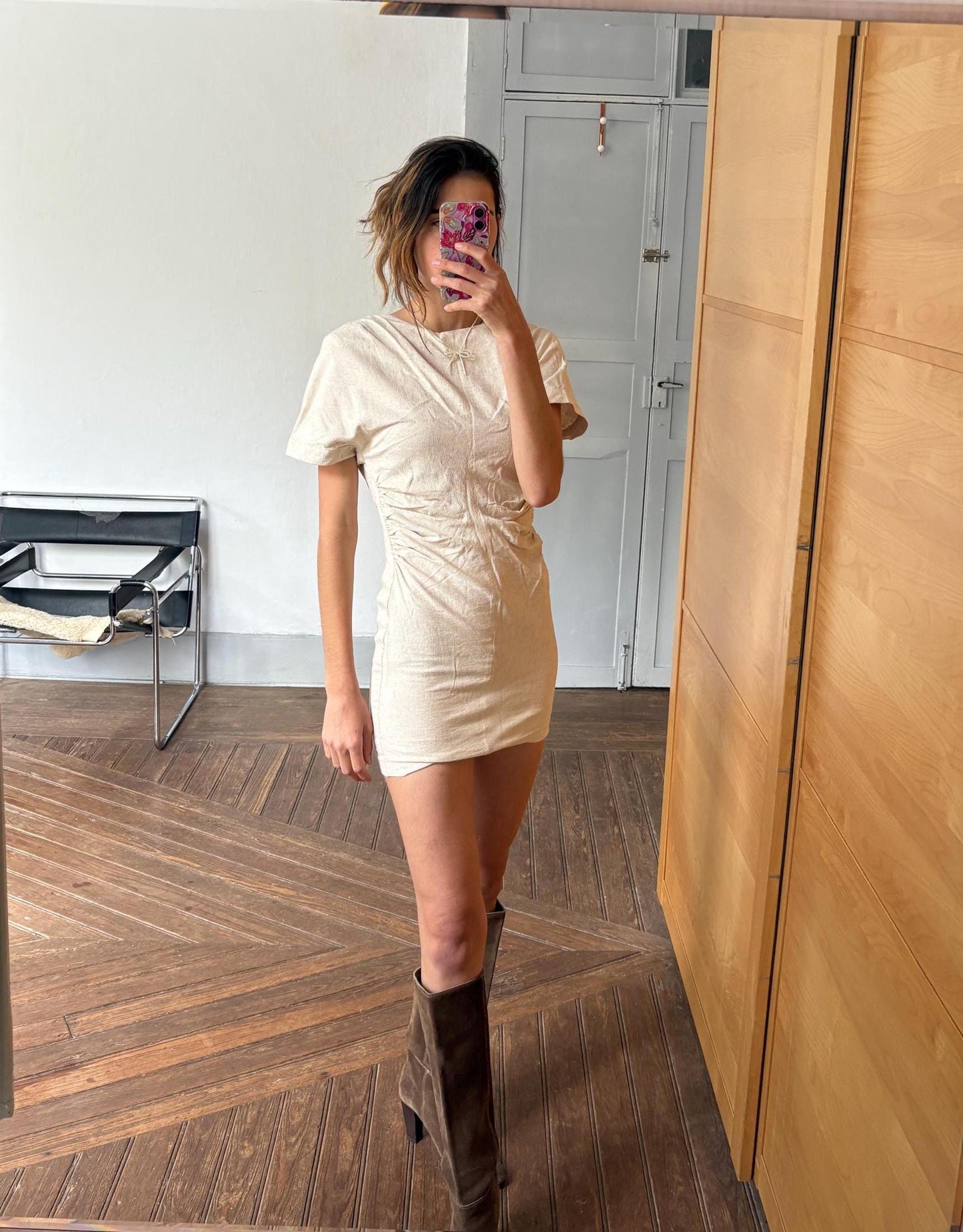 Modern mini dress with open back twisted rope detail earthy neutral summer look, Size S