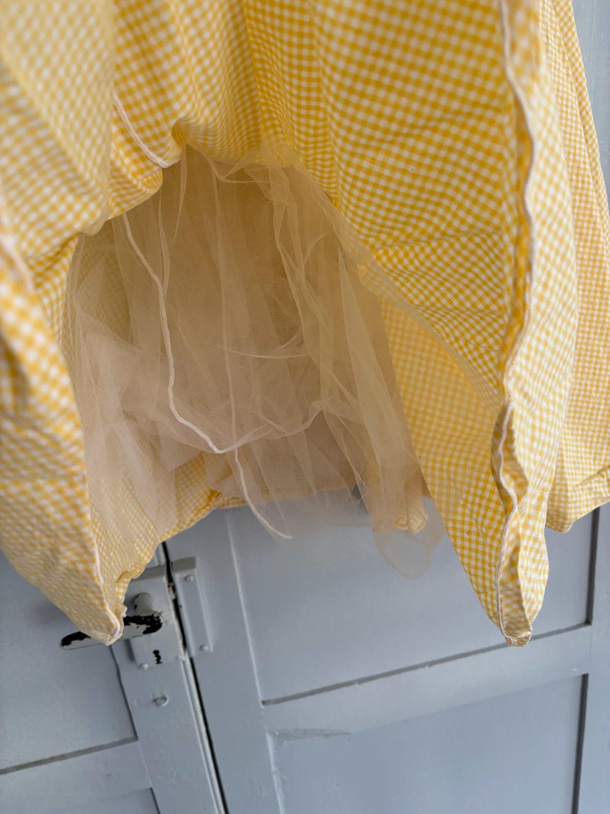 Vintage yellow cottage core mini skirt picnic checkered pattern wedding guest summer party volume zipper closure, Size S