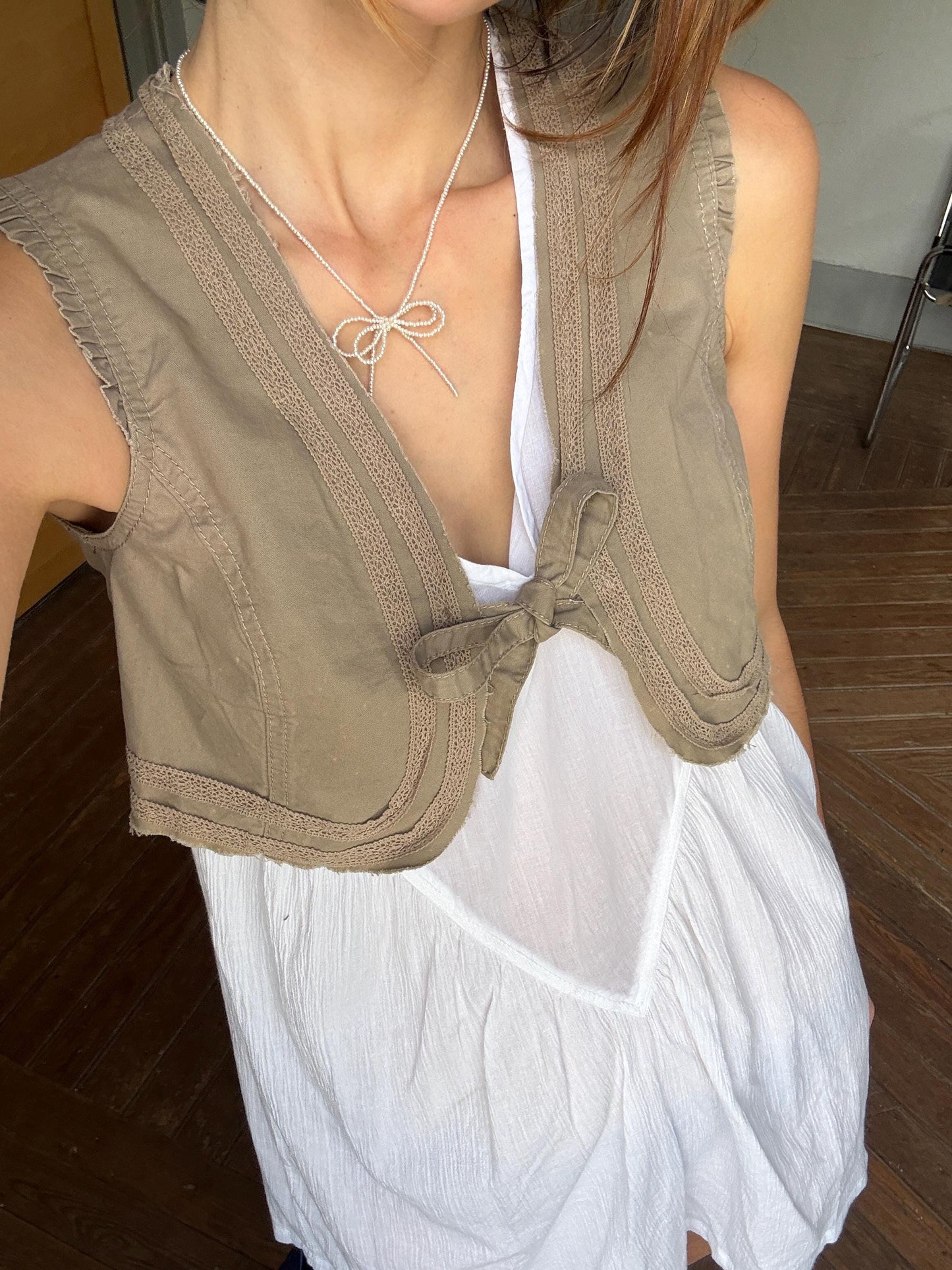 vintage boho cropped vest brown tie front waistcoat lace trim fairycore romantic layering piece cottagecore