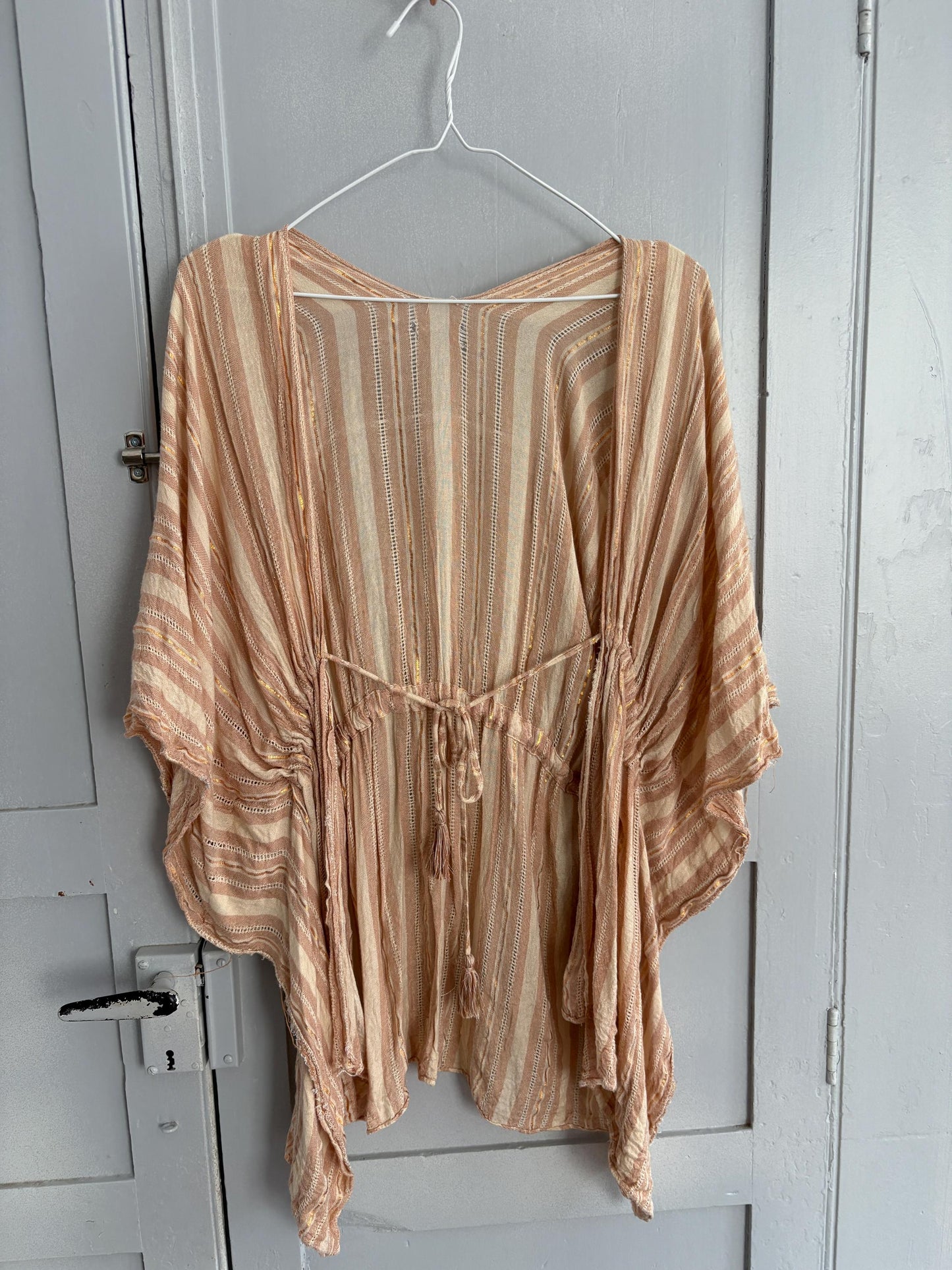 vintage striped boho tunic top romantic tie front blouse soft pink shimmer cottagecore layering piece