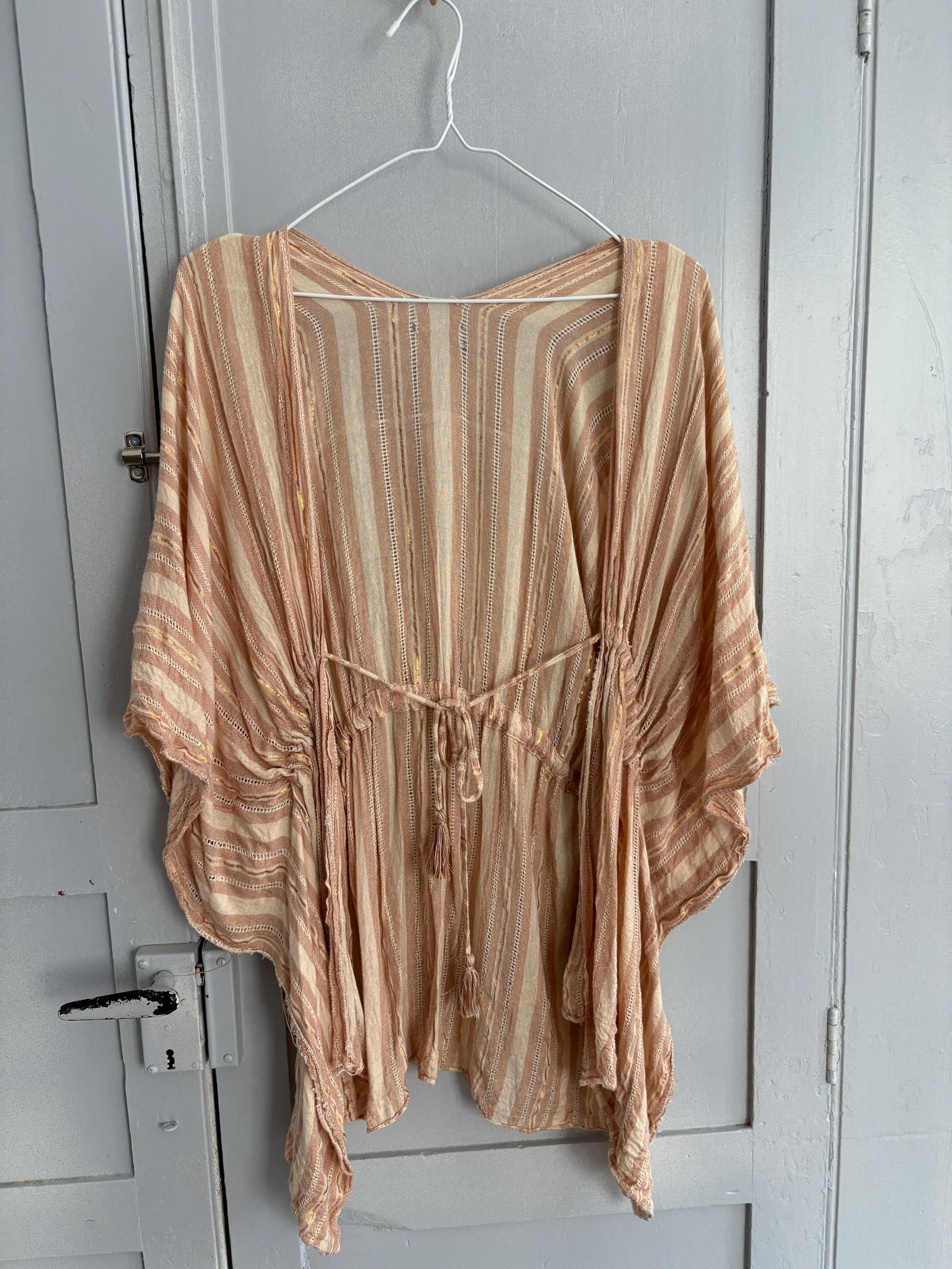 vintage striped boho tunic top romantic tie front blouse soft pink shimmer cottagecore layering piece