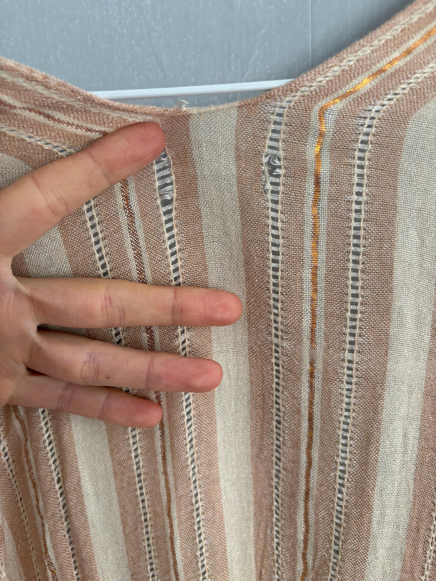 vintage striped boho tunic top romantic tie front blouse soft pink shimmer cottagecore layering piece