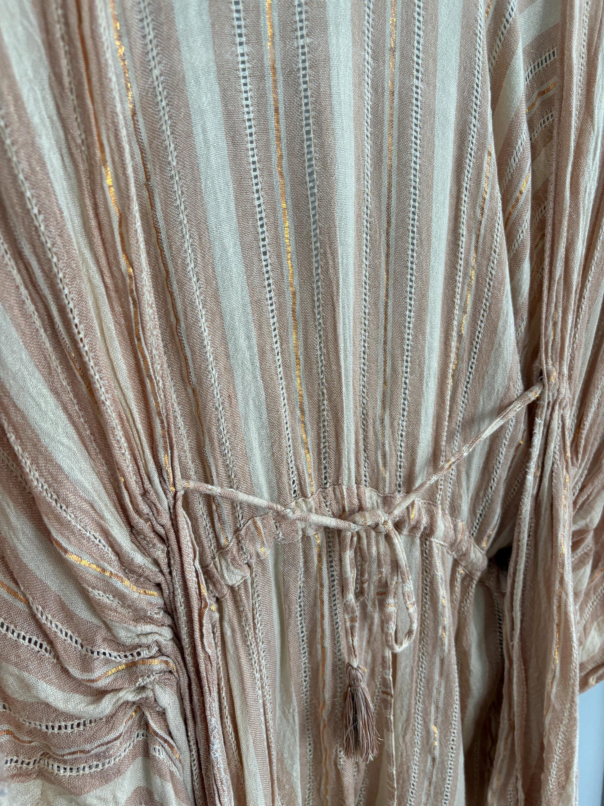vintage striped boho tunic top romantic tie front blouse soft pink shimmer cottagecore layering piece