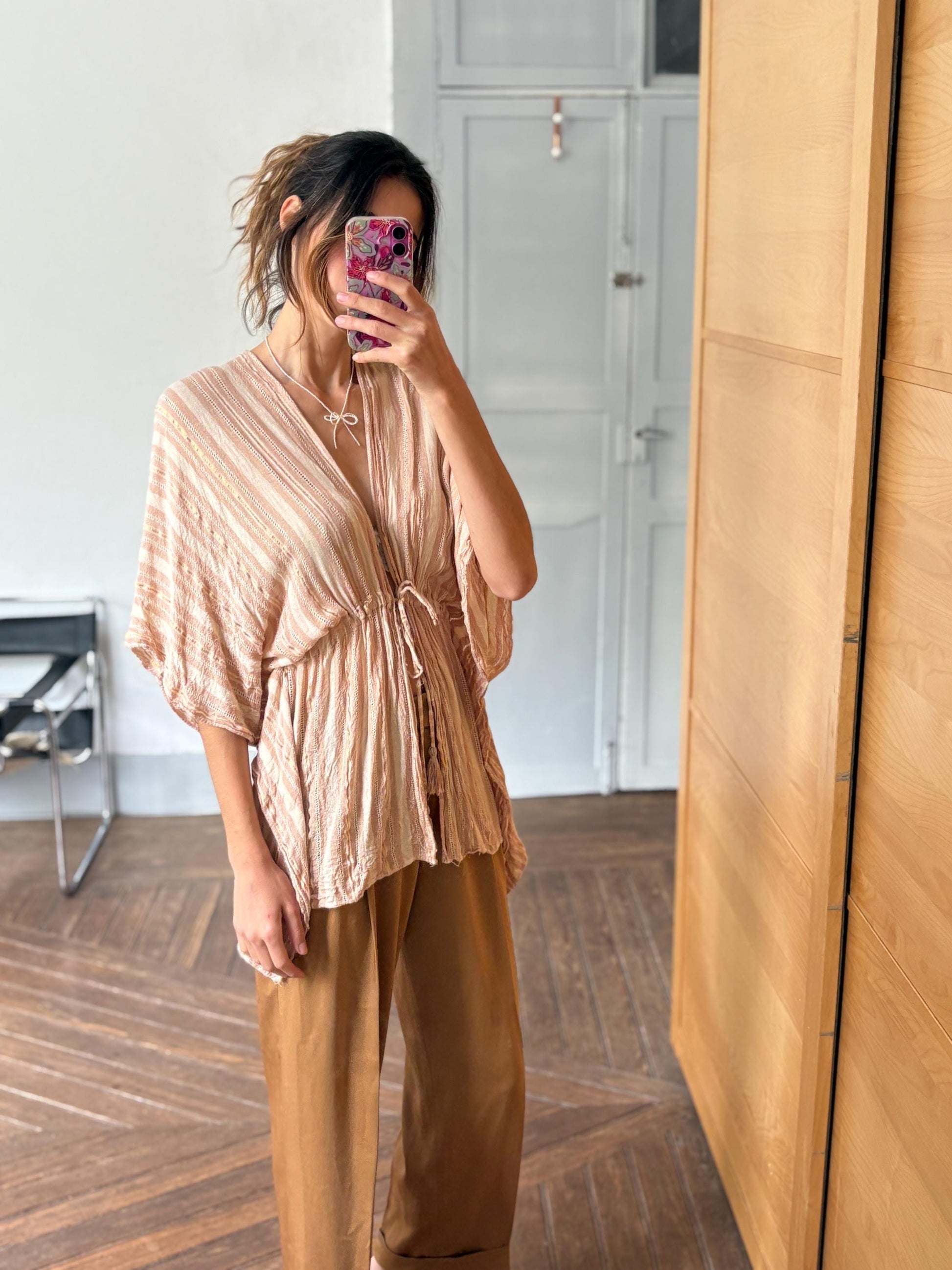 vintage striped boho tunic top romantic tie front blouse soft pink shimmer cottagecore layering piece