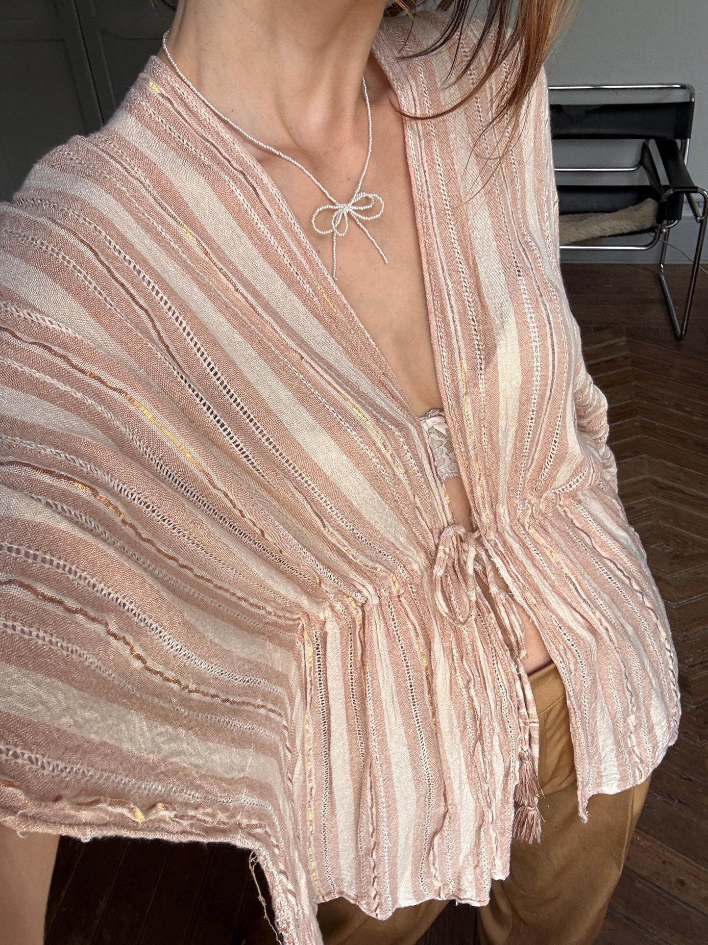 vintage striped boho tunic top romantic tie front blouse soft pink shimmer cottagecore layering piece