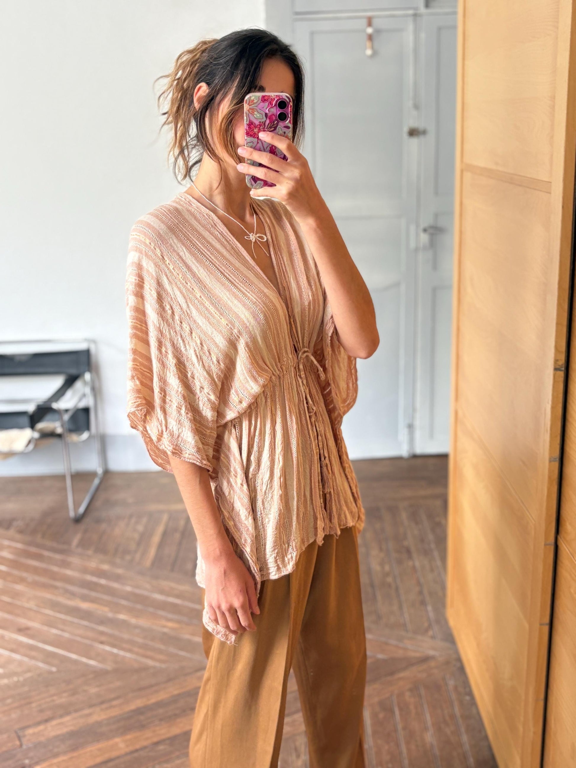 vintage striped boho tunic top romantic tie front blouse soft pink shimmer cottagecore layering piece