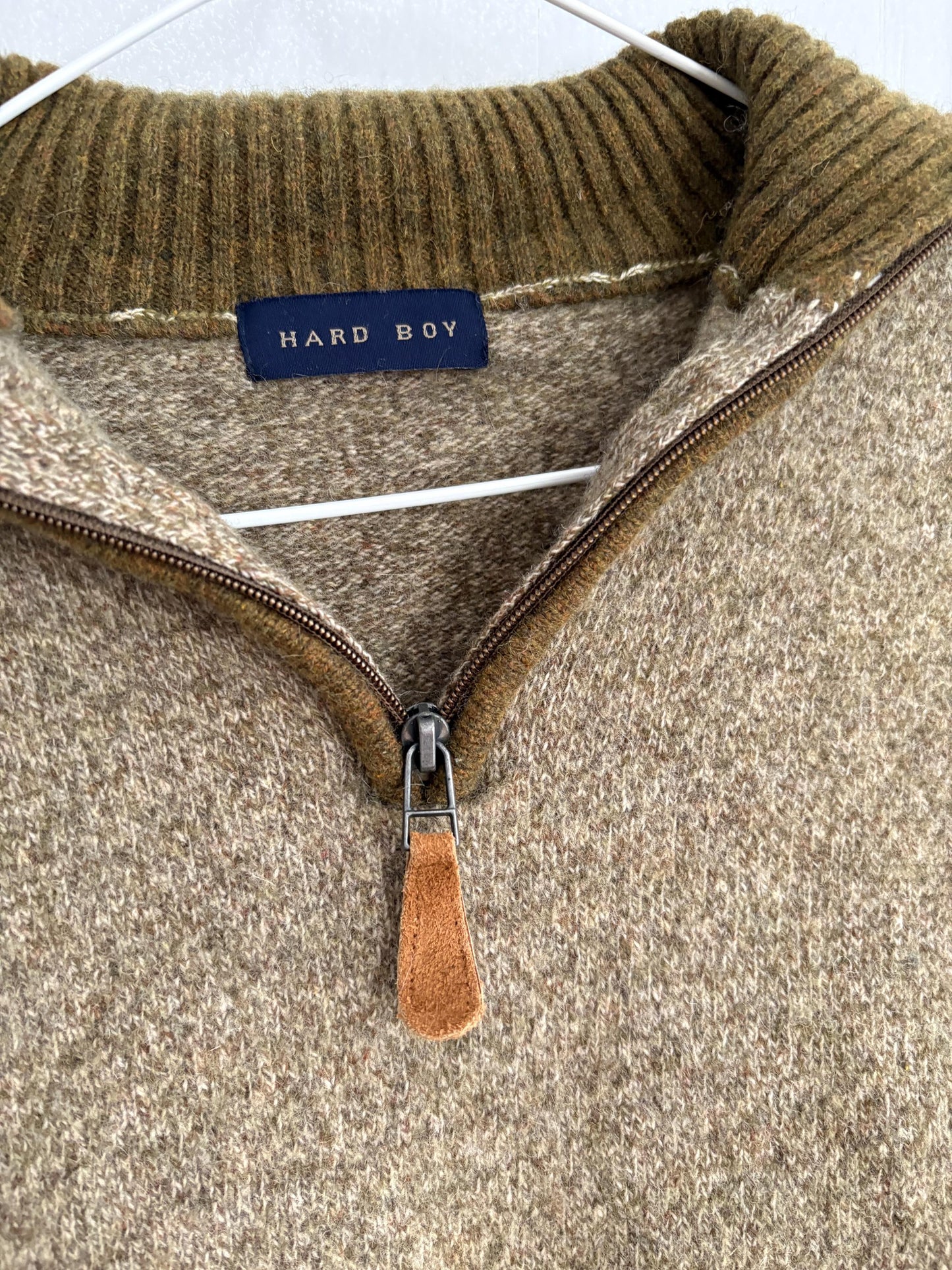 vintage wool zip sweater half zip pullover 80% wool olive green knit quiet luxury unisex classic layering piece