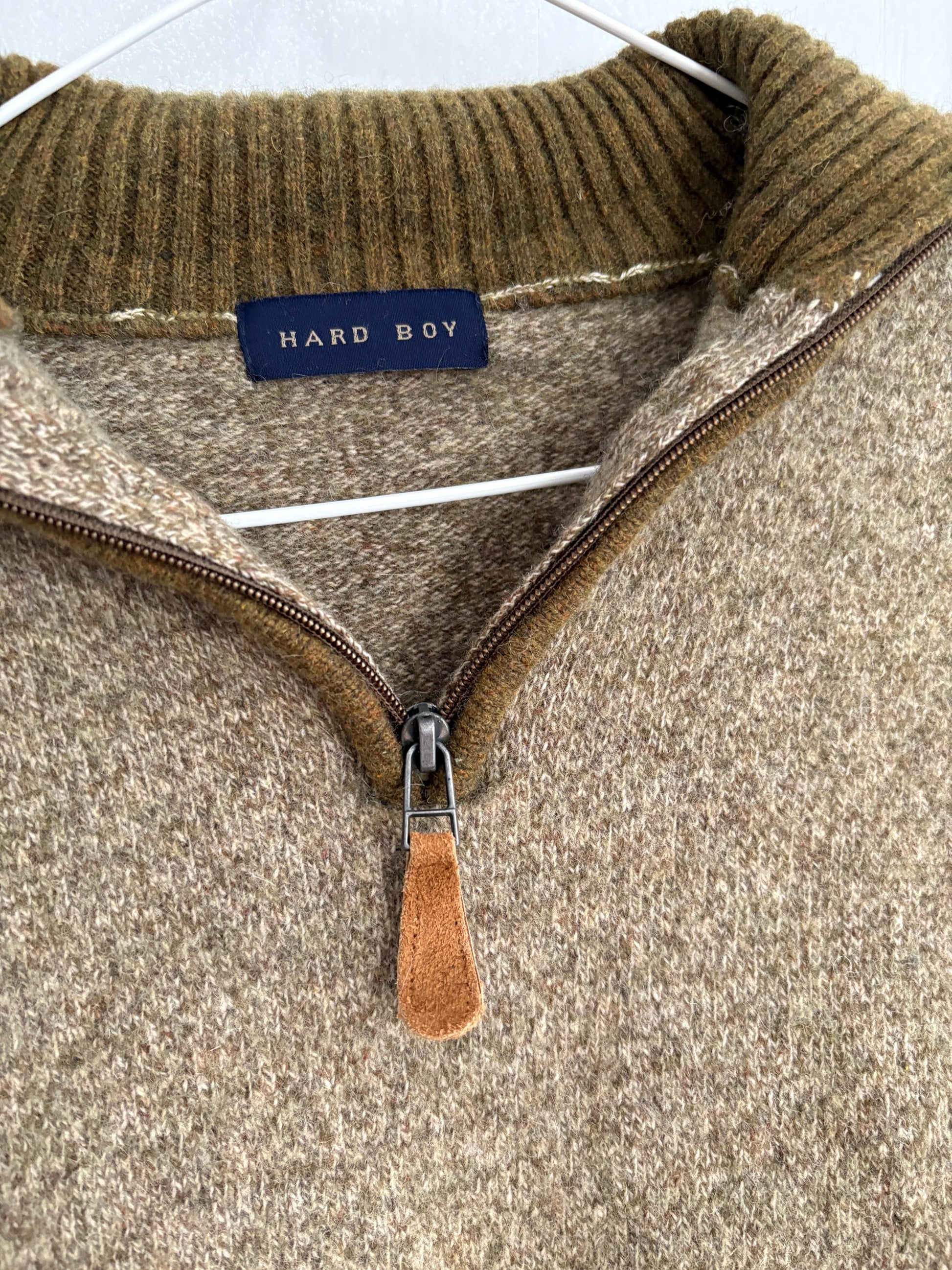 vintage wool zip sweater half zip pullover 80% wool olive green knit quiet luxury unisex classic layering piece