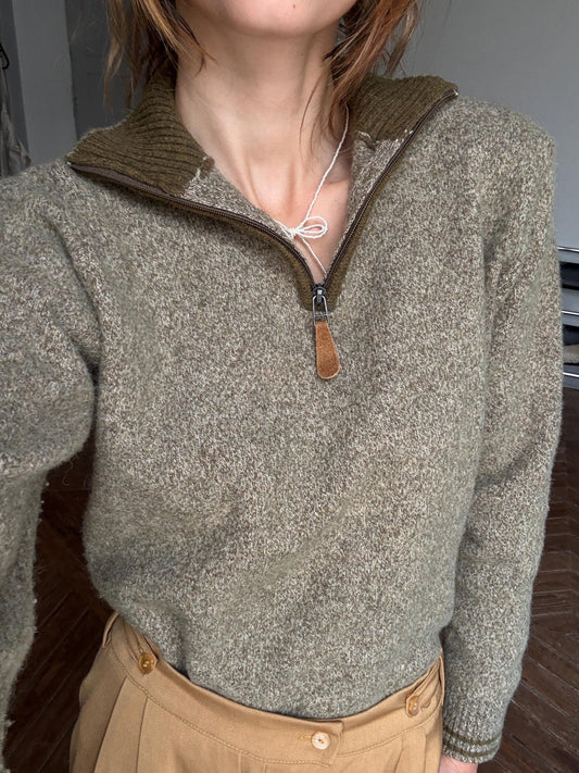 vintage wool zip sweater half zip pullover 80% wool olive green knit quiet luxury unisex classic layering piece
