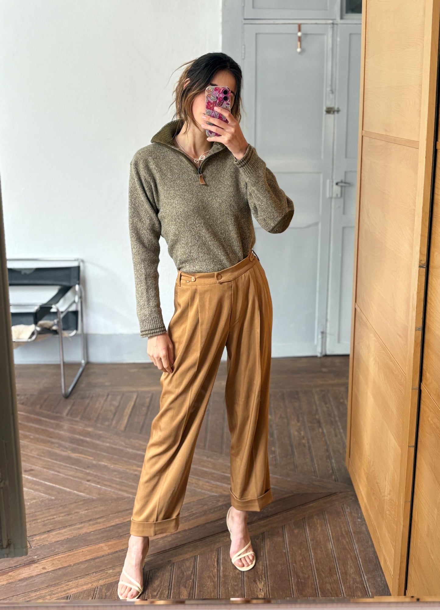 vintage wool zip sweater half zip pullover 80% wool olive green knit quiet luxury unisex classic layering piece