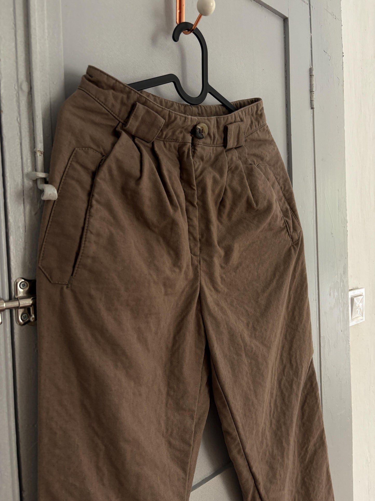True Vintage Brown Cotton Trousers, Handmade Cottagecore Fit with Pleats & Tapered Leg, Unique antique pants