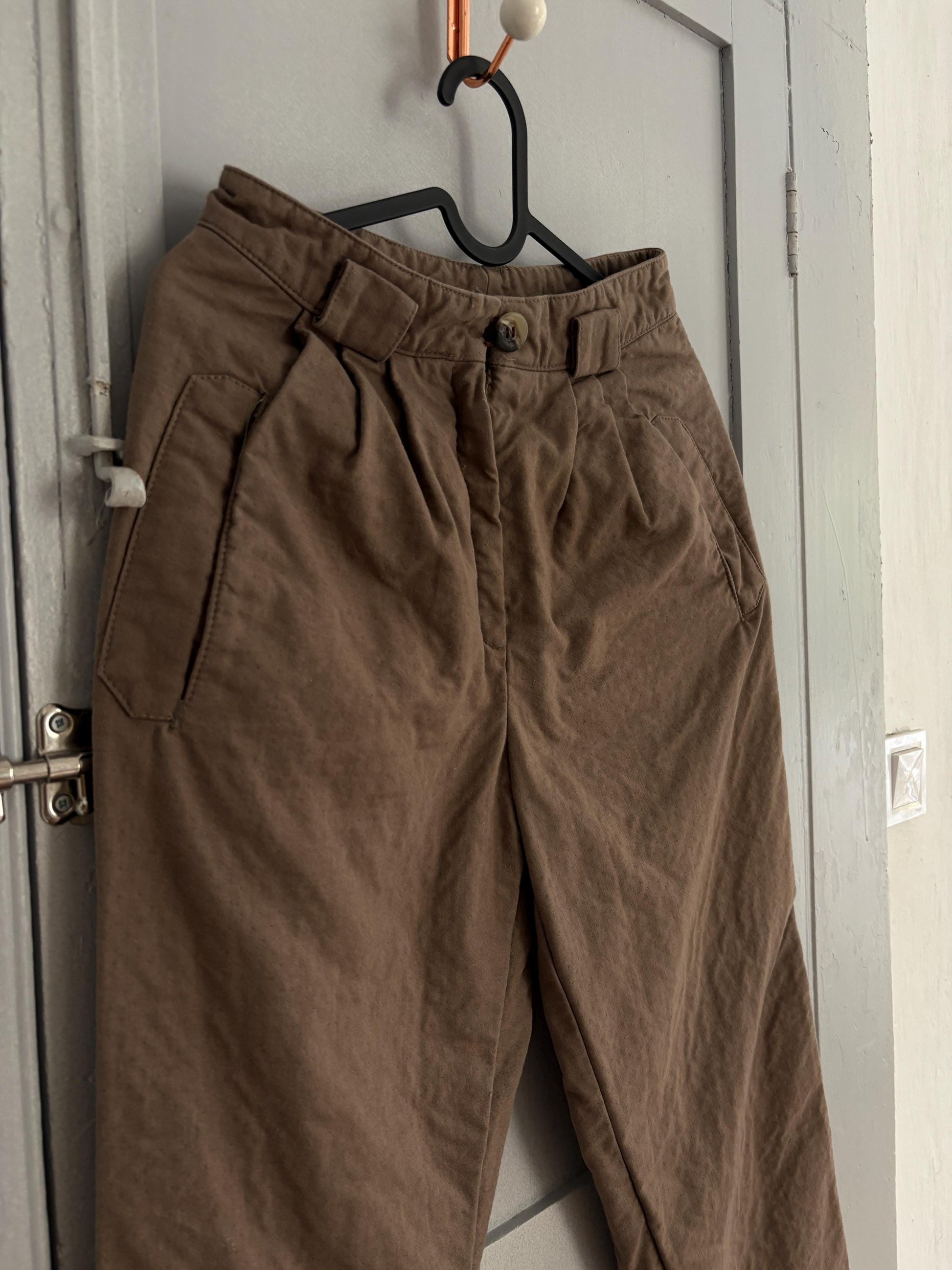 True Vintage Brown Cotton Trousers, Handmade Cottagecore Fit with Pleats & Tapered Leg, Unique antique pants