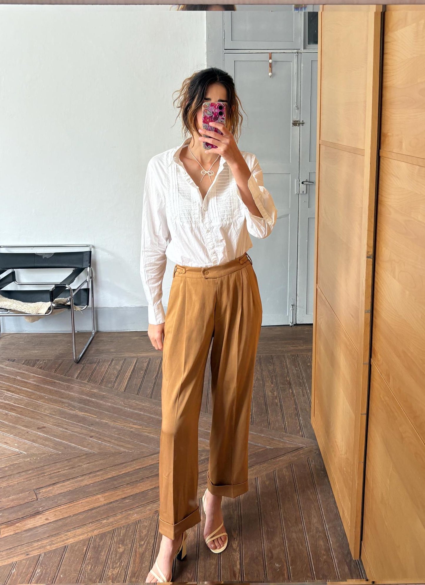 vintage white blouse pleated front romantic shirt long sleeve minimalist top button down EU 40 US M