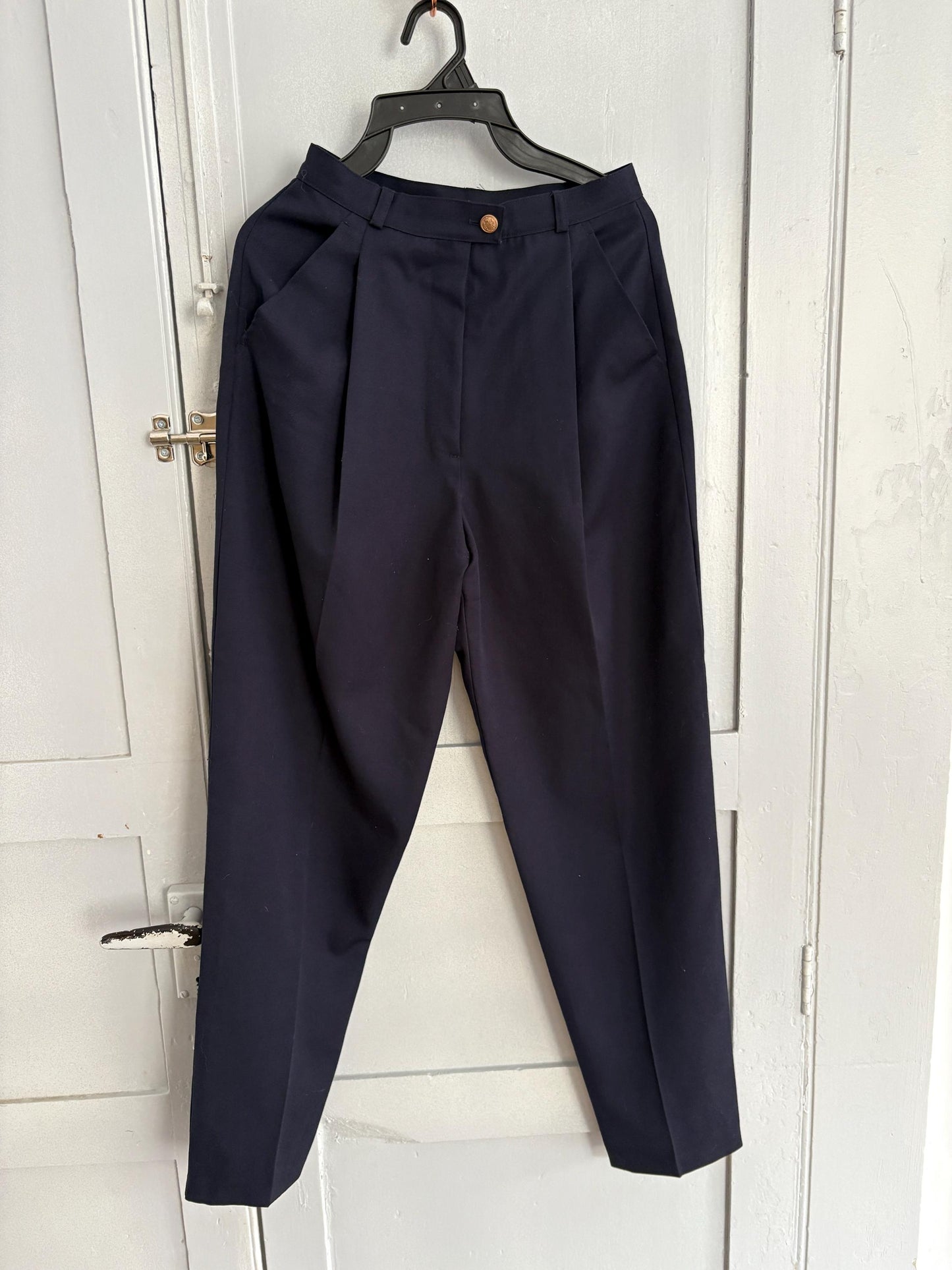 vintage navy wool trousers 100% virgin wool tapered pants high waist tailored fit EU 34 US 2