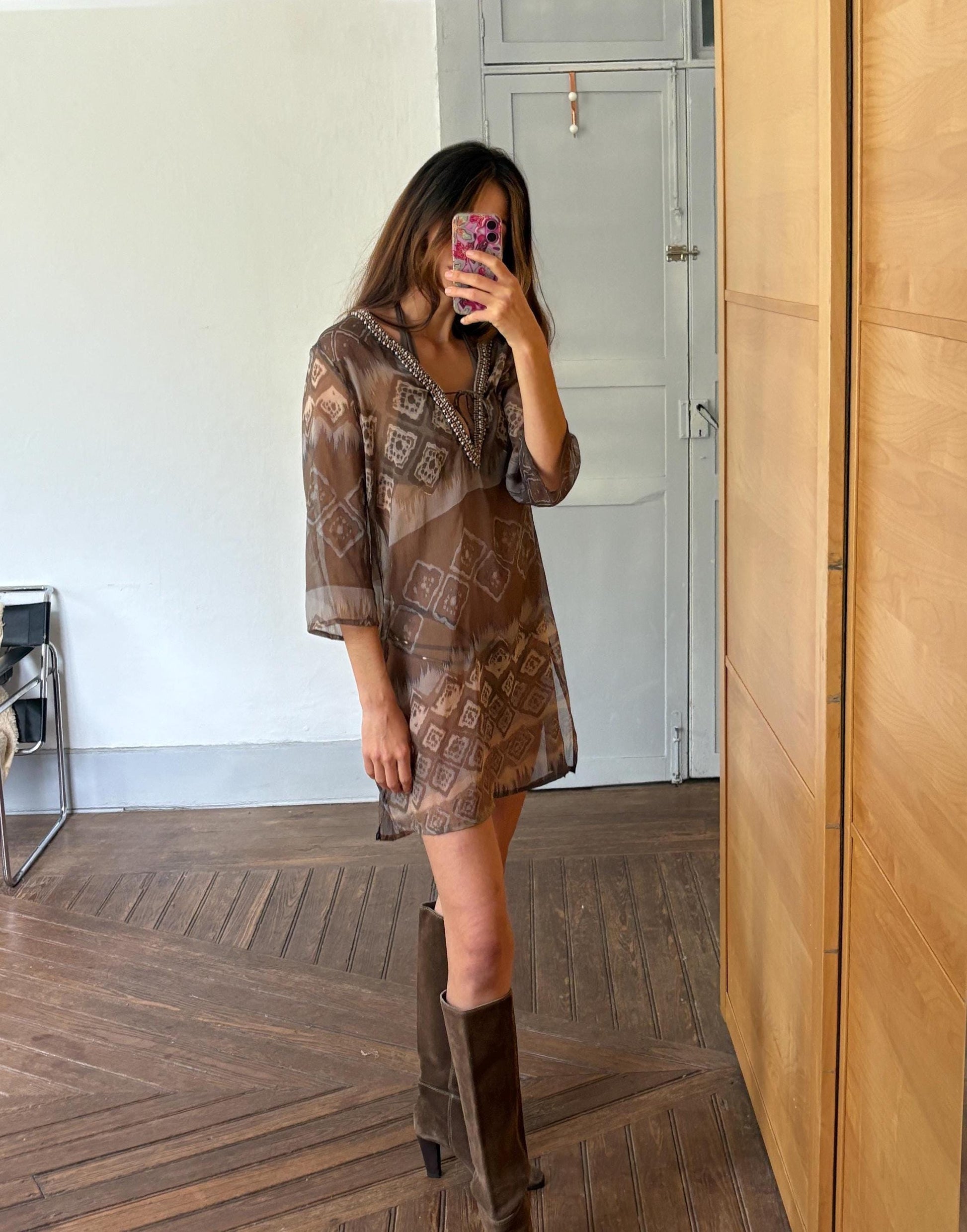 Sheer woman dress beach cover up, Bbeaded neckline boho tunic, Faftan style sexy sheer dress, Size S