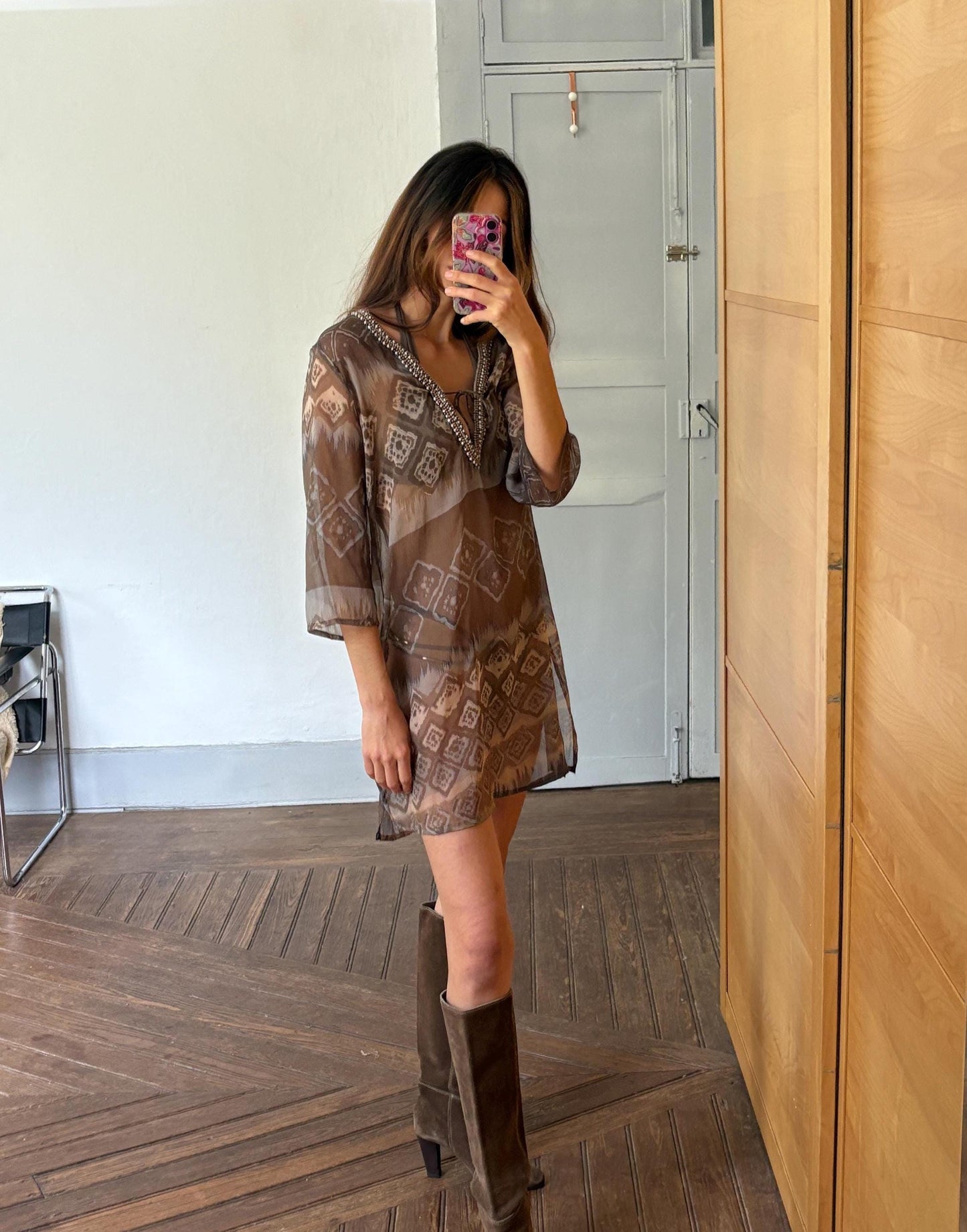 Sheer woman dress beach cover up, Bbeaded neckline boho tunic, Faftan style sexy sheer dress, Size S