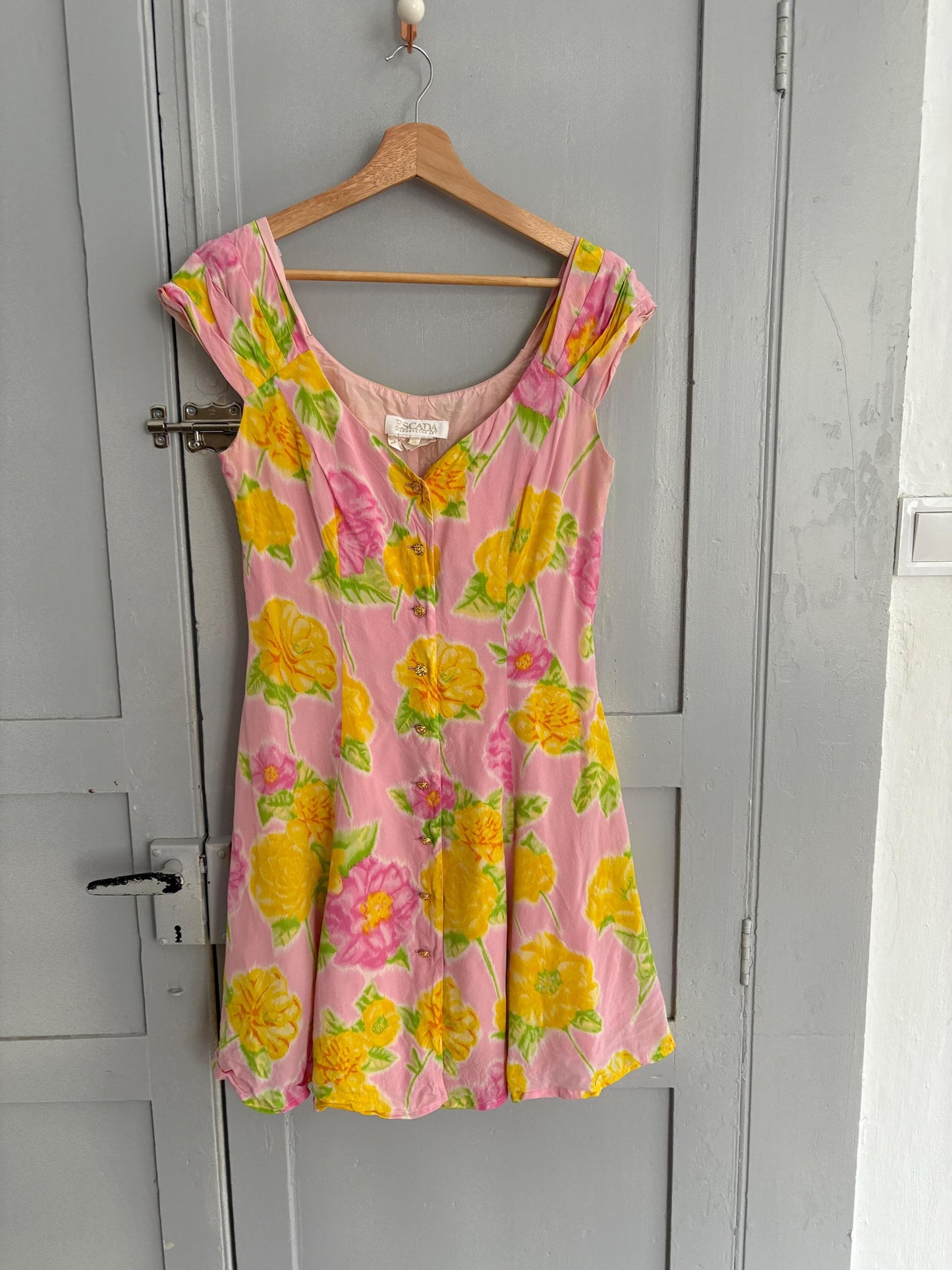 Vintage Escada Silk Floral Mini Dress – 1990s Designer Pink Summer Romance outfit, Luxury wedding short guest dress