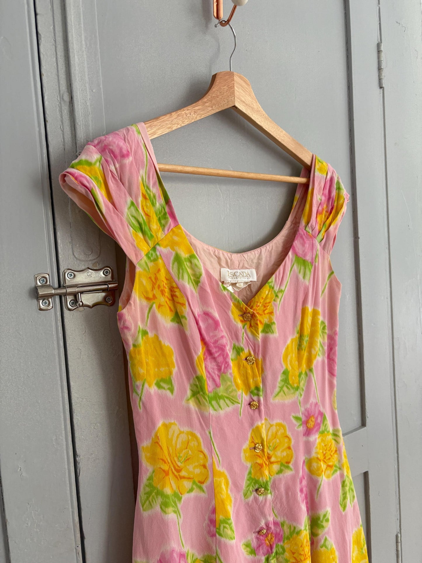 Vintage Escada Silk Floral Mini Dress – 1990s Designer Pink Summer Romance outfit, Luxury wedding short guest dress