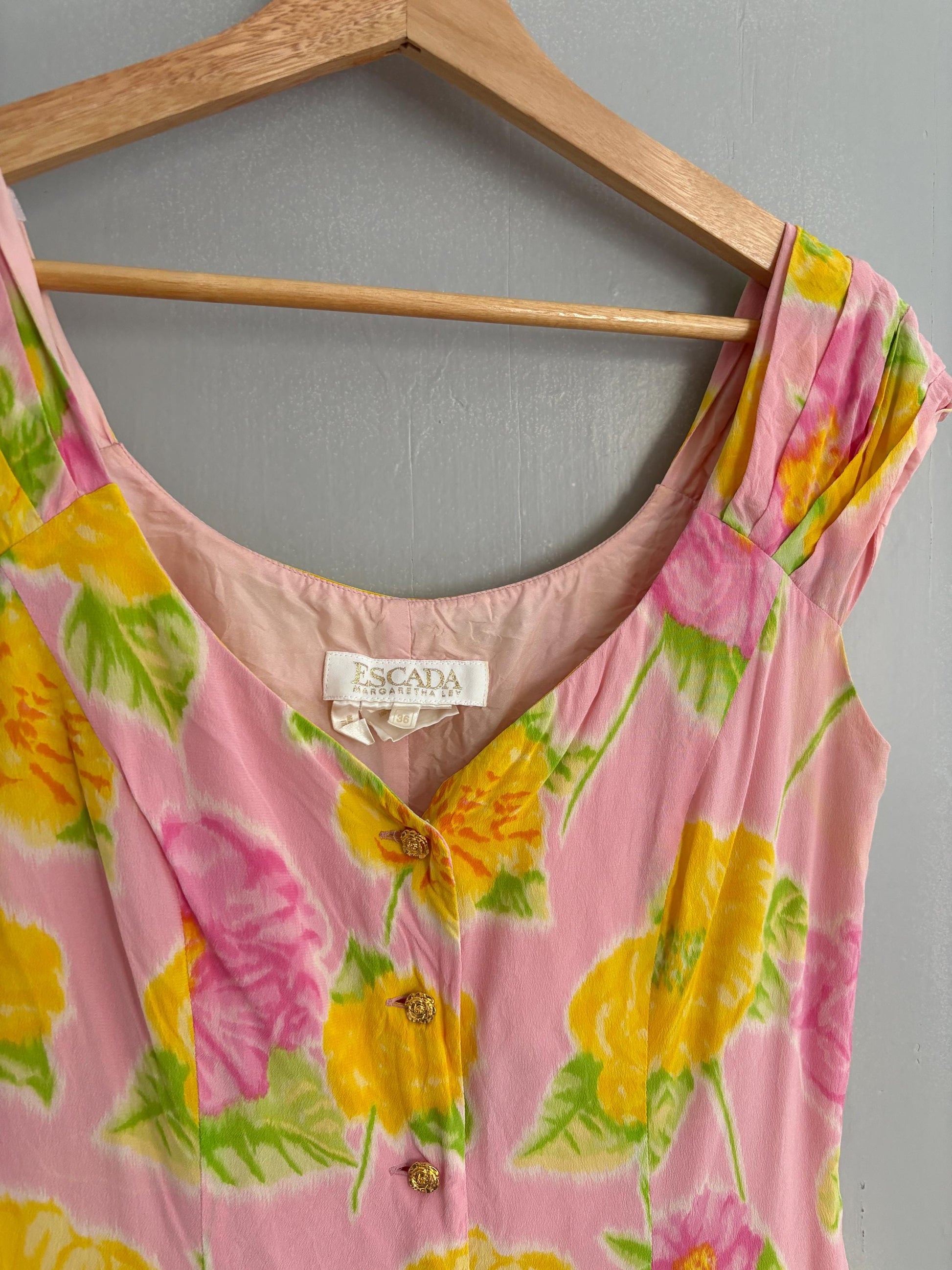 Vintage Escada Silk Floral Mini Dress – 1990s Designer Pink Summer Romance outfit, Luxury wedding short guest dress