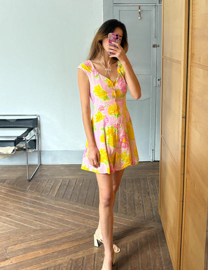 Vintage 1990s Escada Silk Floral Mini Dress — fabric close-up