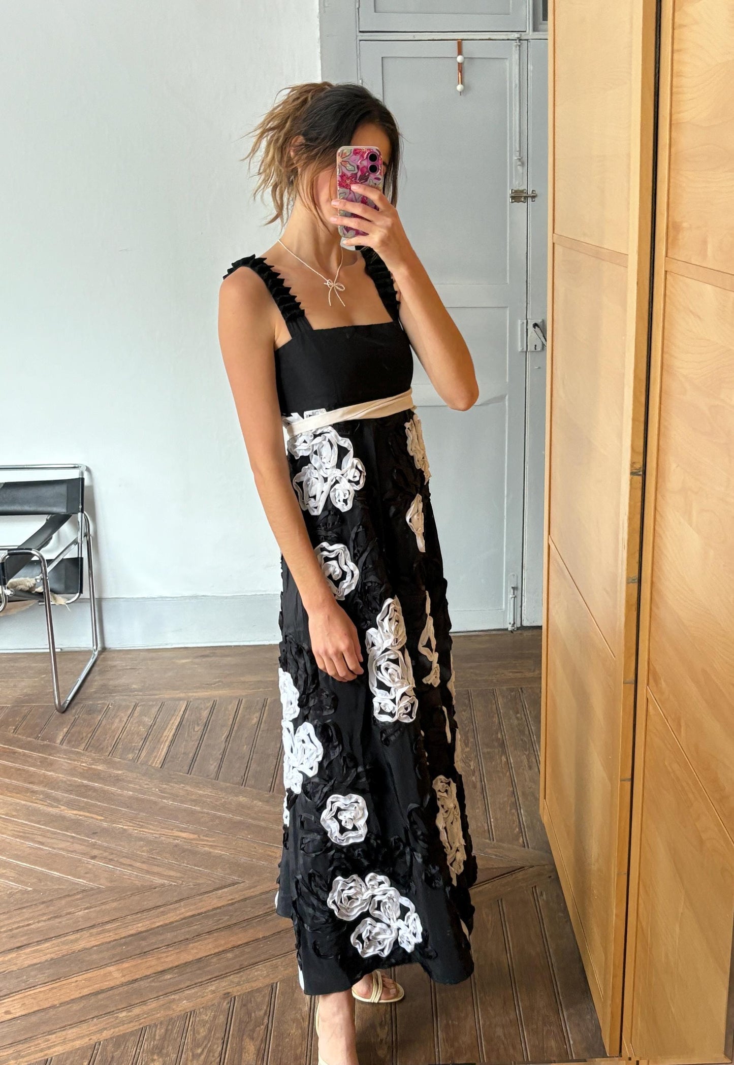 Vintage Black & White 3D Floral Evening Gown – Romantic Statement Maxi Dress with Elegant Neckline