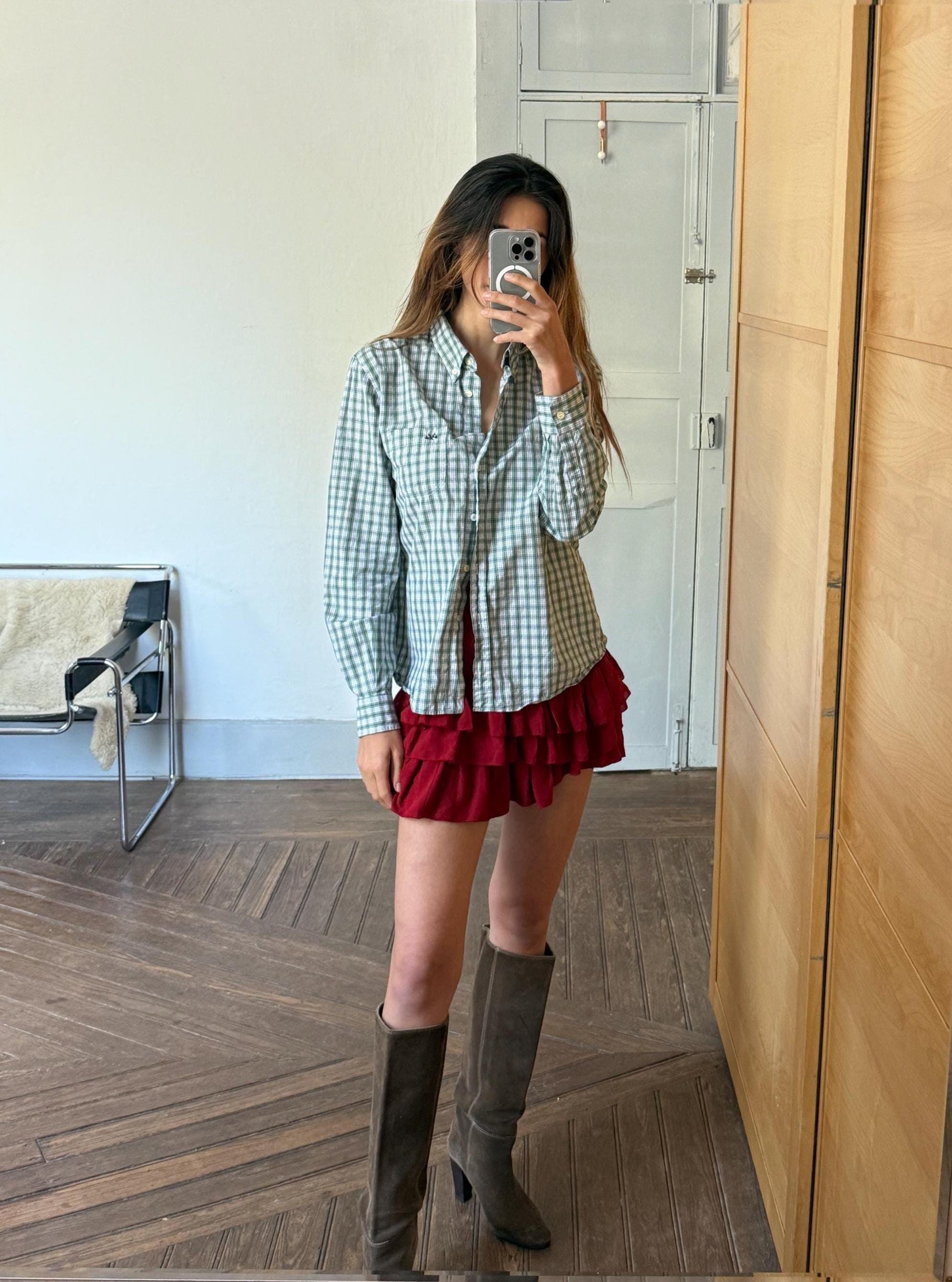 Vintage Thomas Burberry Check Shirt | Green & White 100% Cotton Button-Up | Size L - 44 |