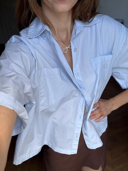 Vintage United Colors of Benetton cropped shirt, Oversized button down light blue crisp woman blouse