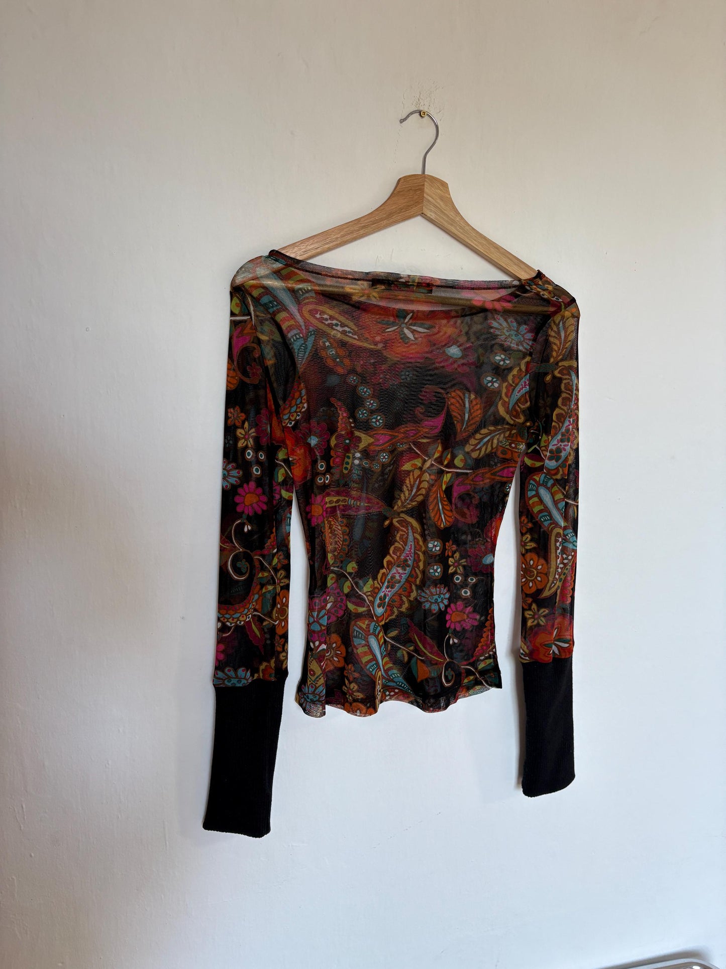Vintage SHEER long sleeve top, Sexy autumn floral mesh shirt, See through Say t shirt, Size S