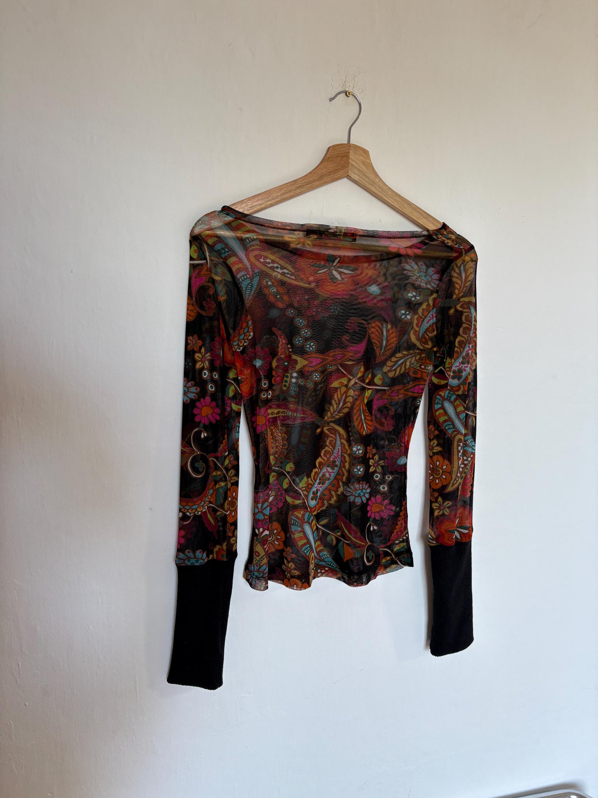 Vintage SHEER long sleeve top, Sexy autumn floral mesh shirt, See through Say t shirt, Size S