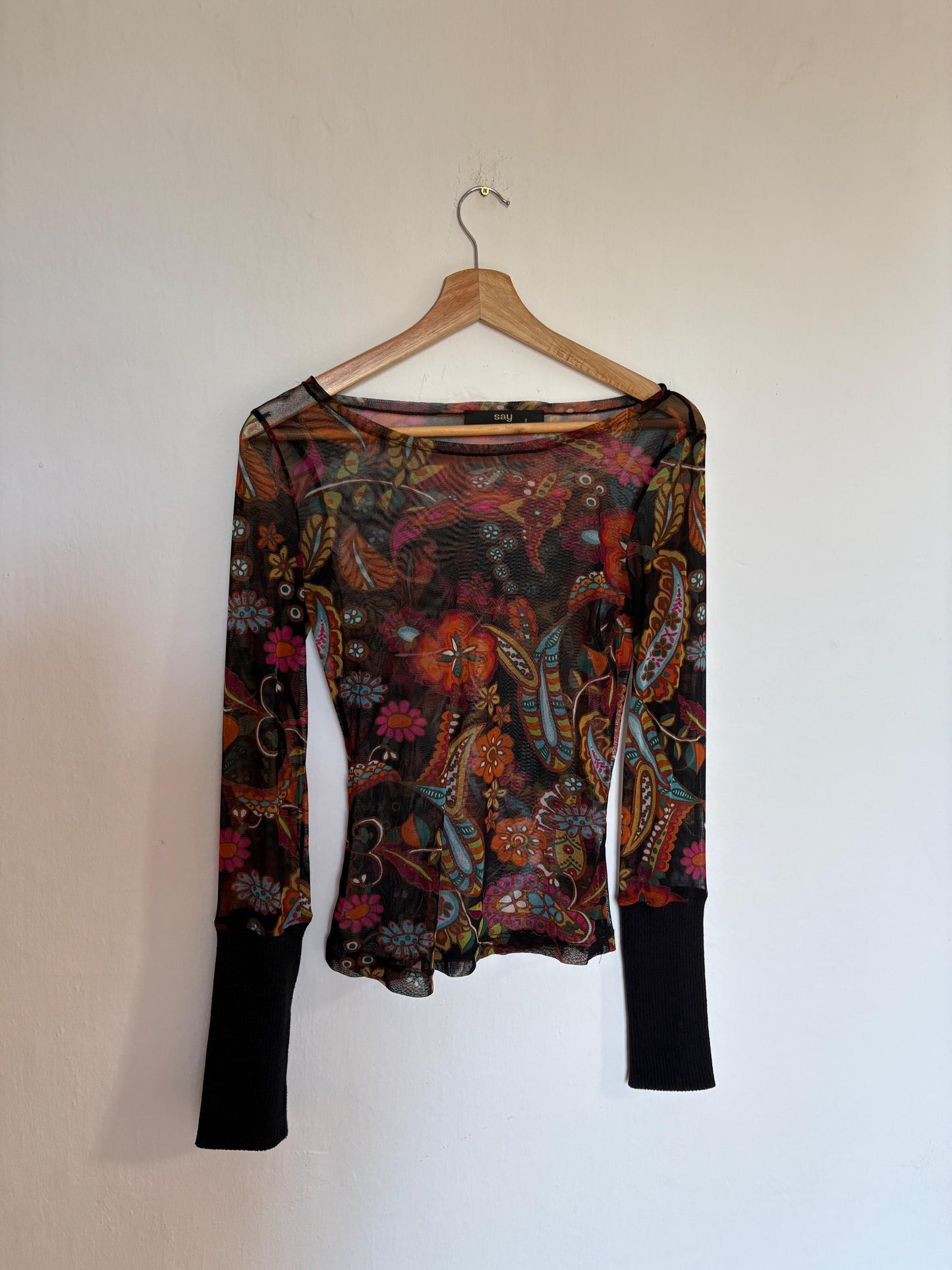 Vintage SHEER long sleeve top, Sexy autumn floral mesh shirt, See through Say t shirt, Size S